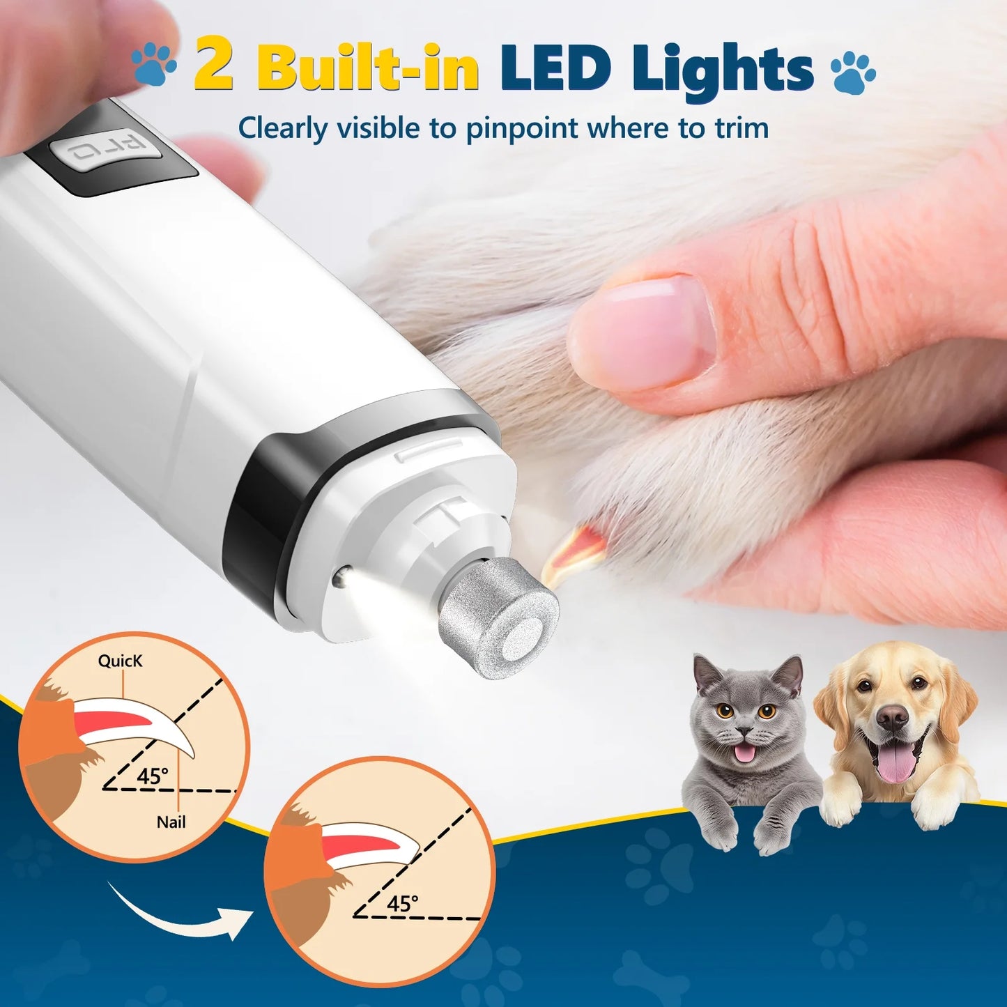 Electric Dog Nail Grinder with Dual LED Lights - Ultra Quiet and Low Vibration Trimmers for Dogs and Cats of All Sizes