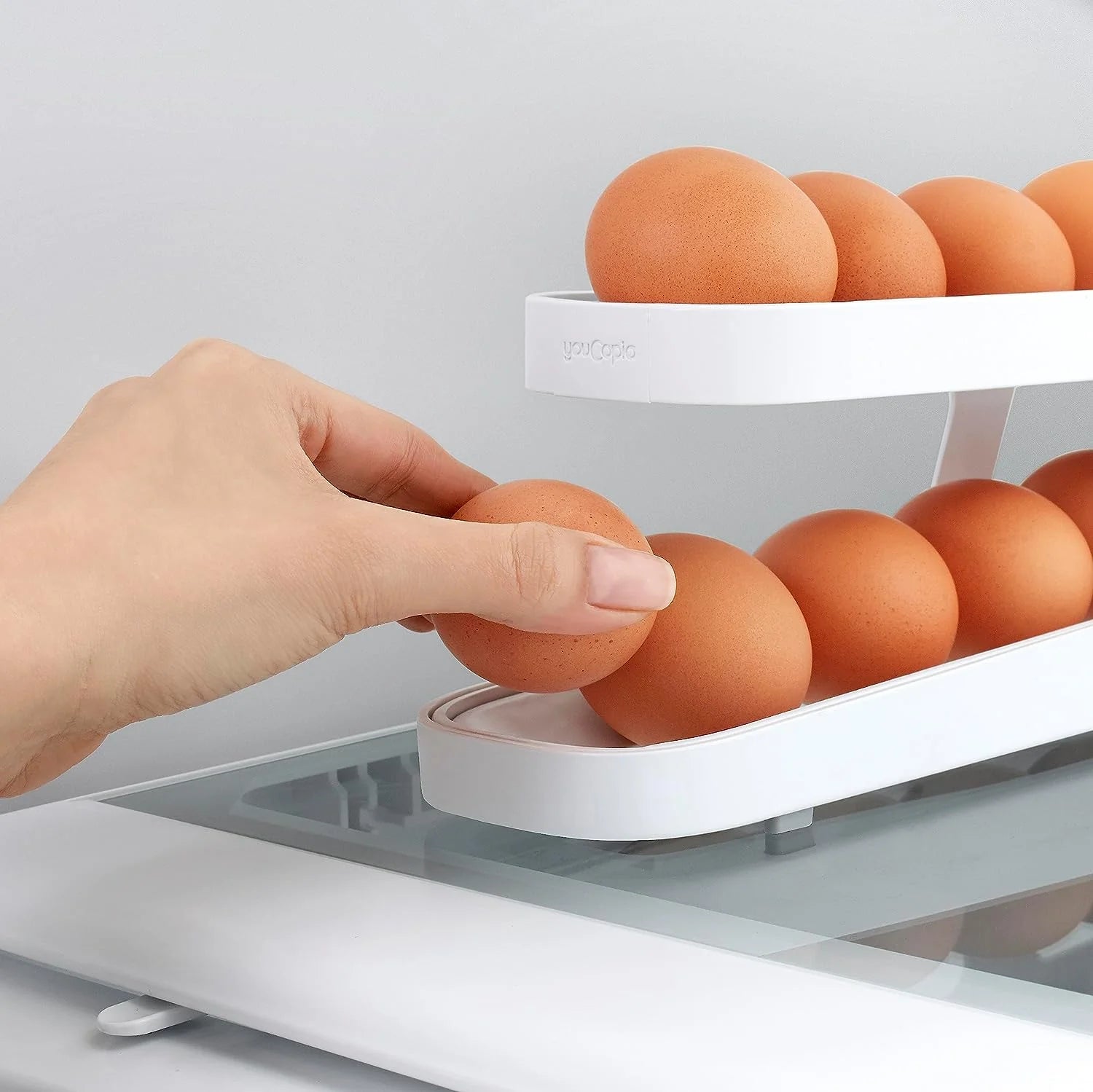 Rolldown® Egg Dispenser, Space-Saving Rolling Organizer for Fridge, Refrigerator Bin, White