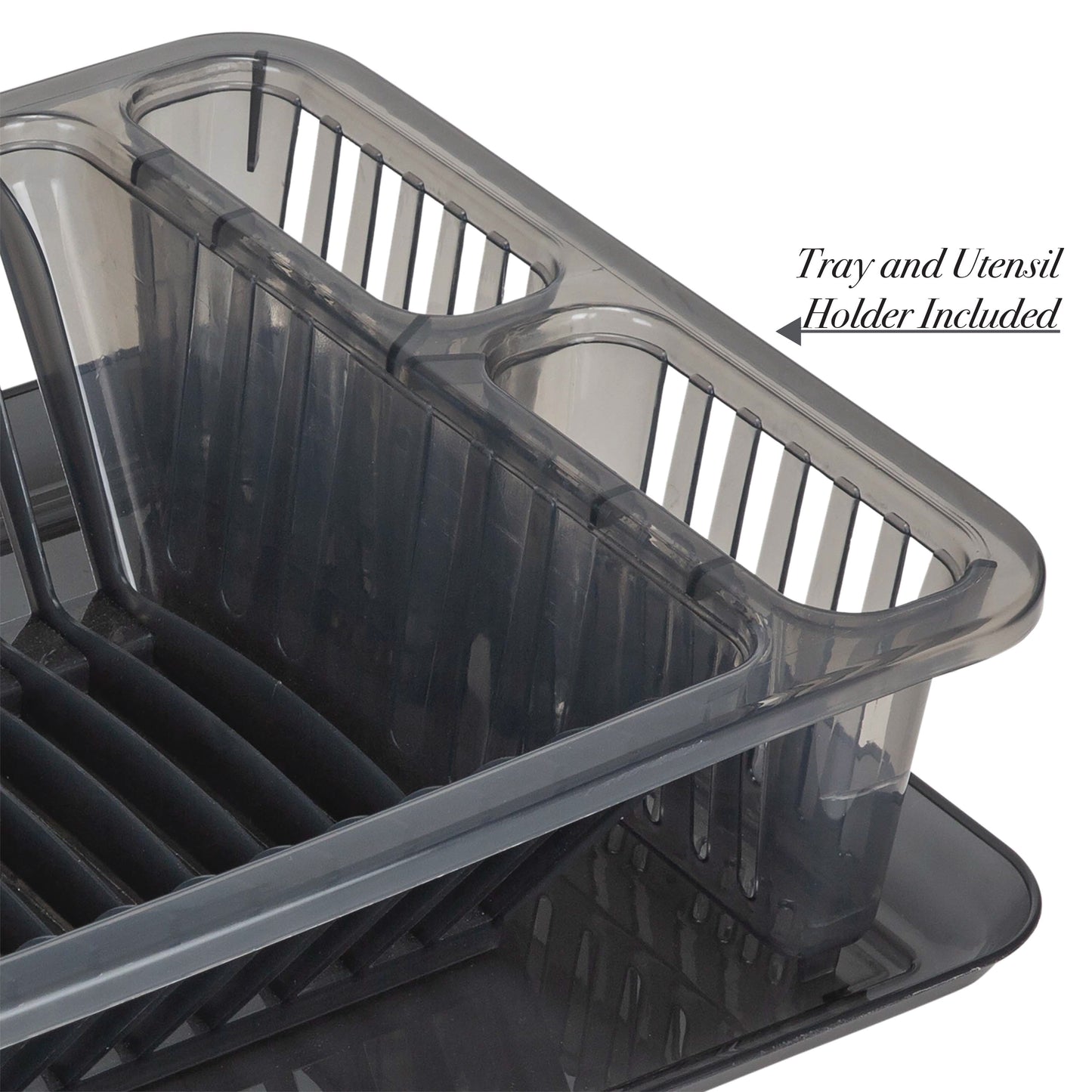 Medium Dish Rack with Tray in Smoke Grey 18.11 in X 11.02 In