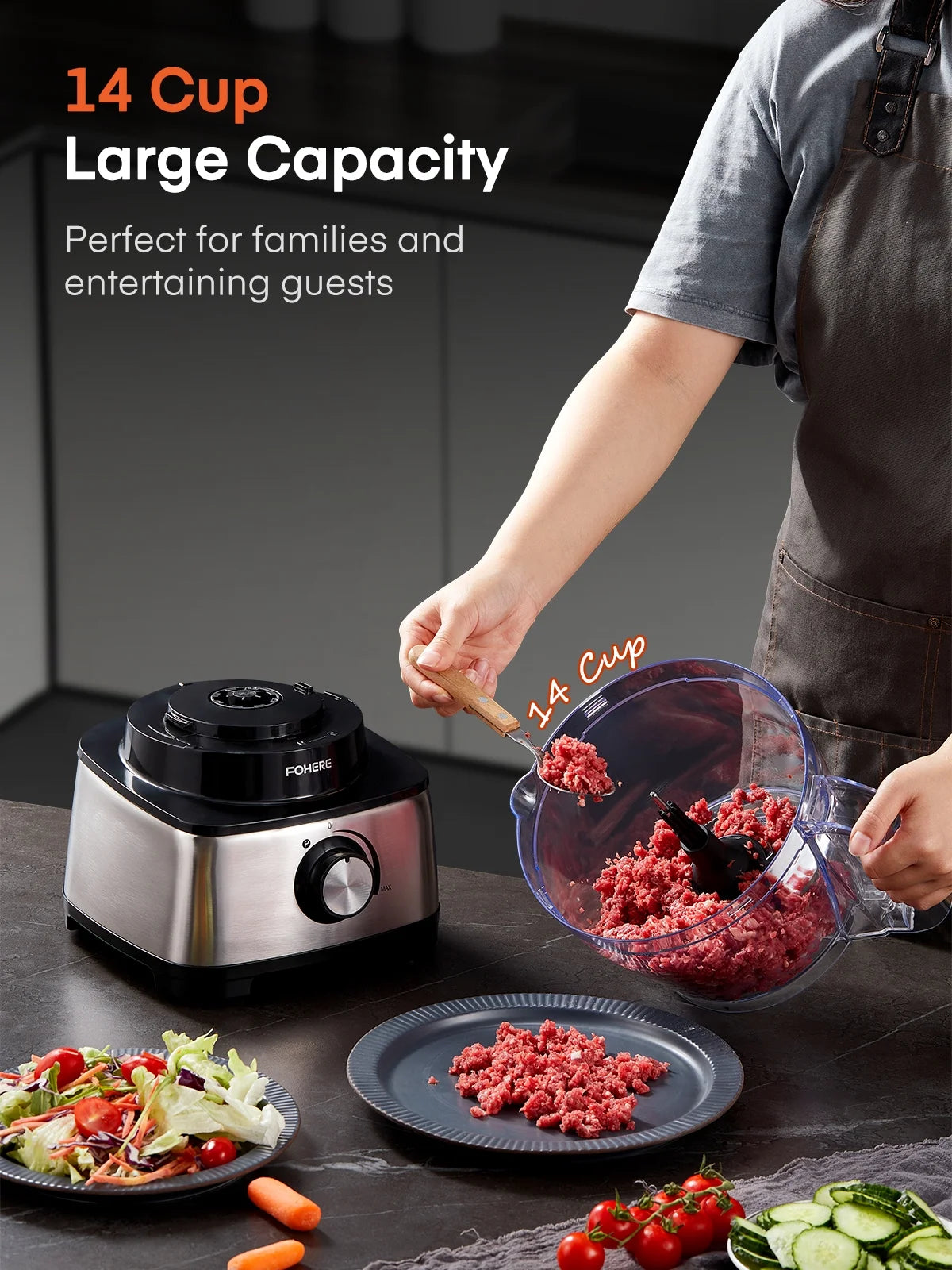 14 Cup 800W Food Processor, 2-Speed 6 Functions for Shredding, Slicing, Doughing, Emulsfying and Juicing