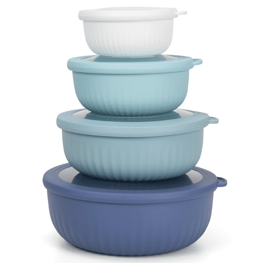 8-Piece Plastic Mixing Bowl Set with Lids - Nesting Design for Space-Saving Storage, Ideal for Cooking, Baking, and Meal Prep, Dishwasher Safe, Blue