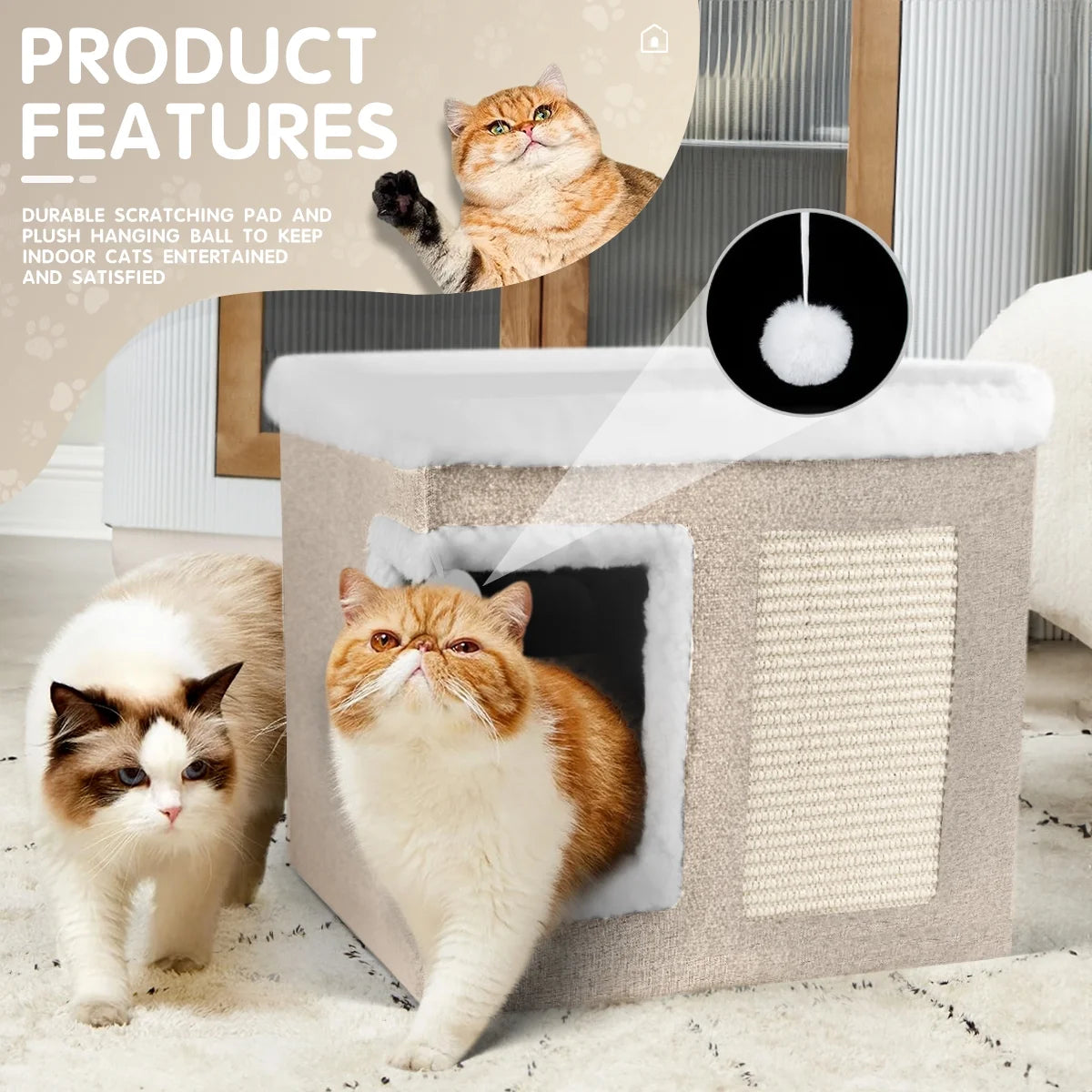 Indoor Pet Bed for Cats - Foldable Covered Kennel with Integrated Scratching Board, Ideal for Small Pets, Light Gray