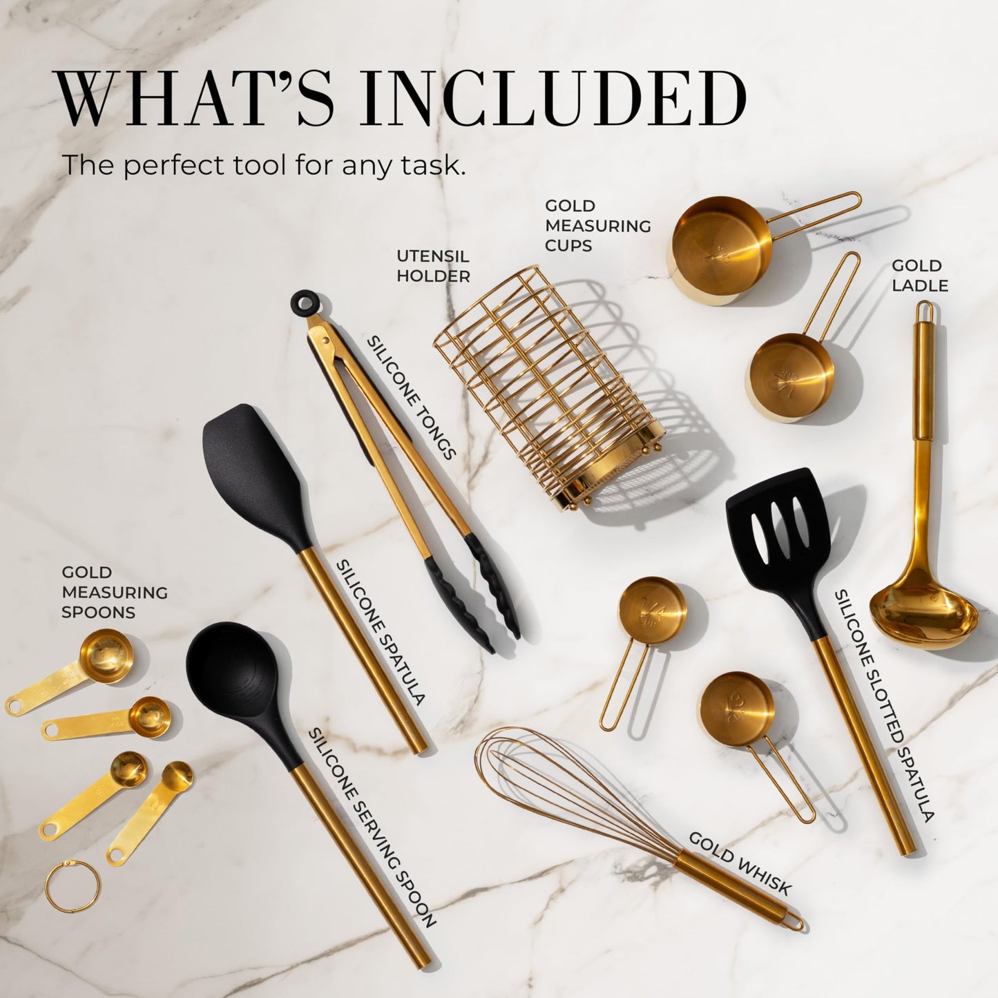15-Piece Black and Gold Kitchen Utensils Set with Measuring Cups & Spoons, Bpa-Free