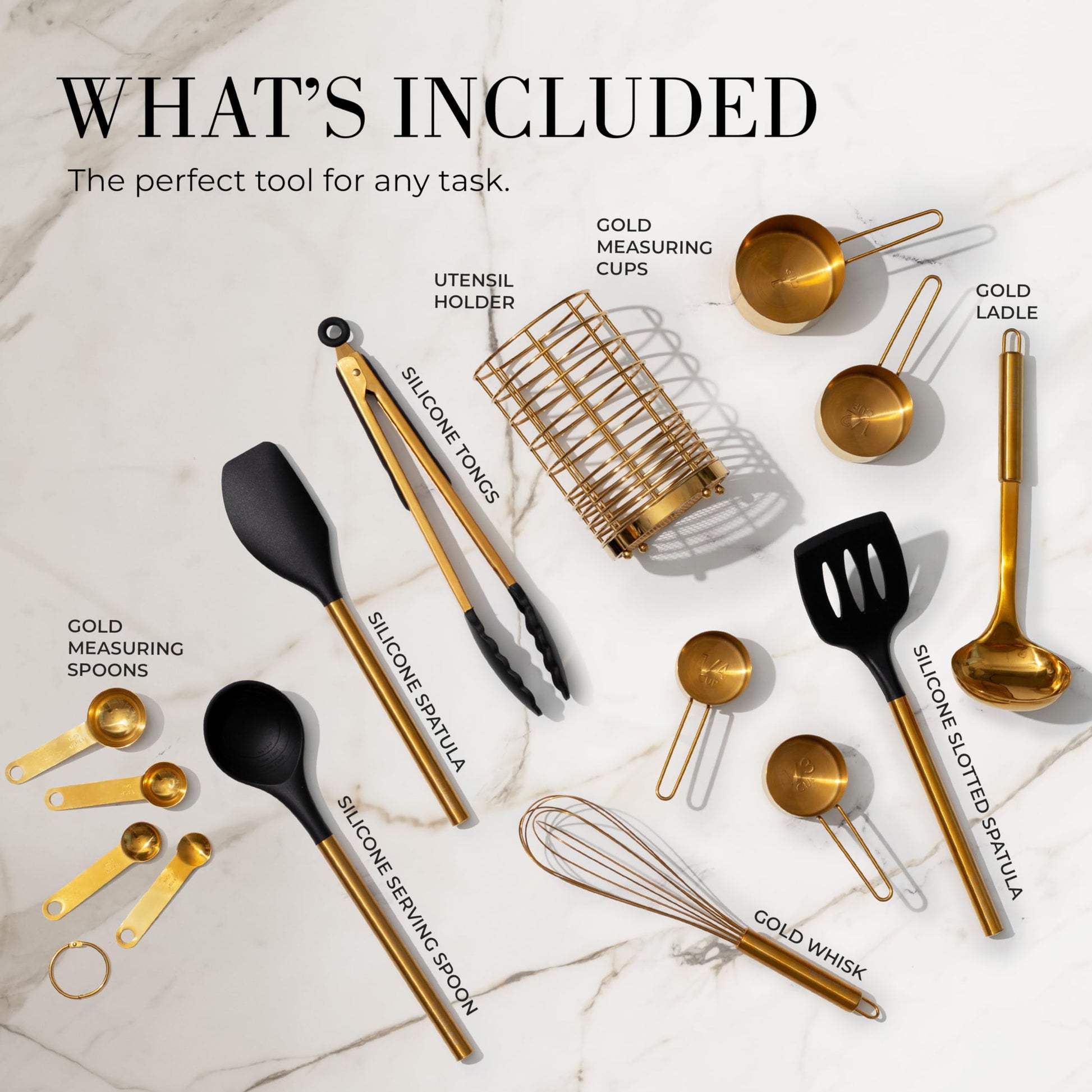 15-Piece Black and Gold Kitchen Utensils Set with Measuring Cups & Spoons, Bpa-Free