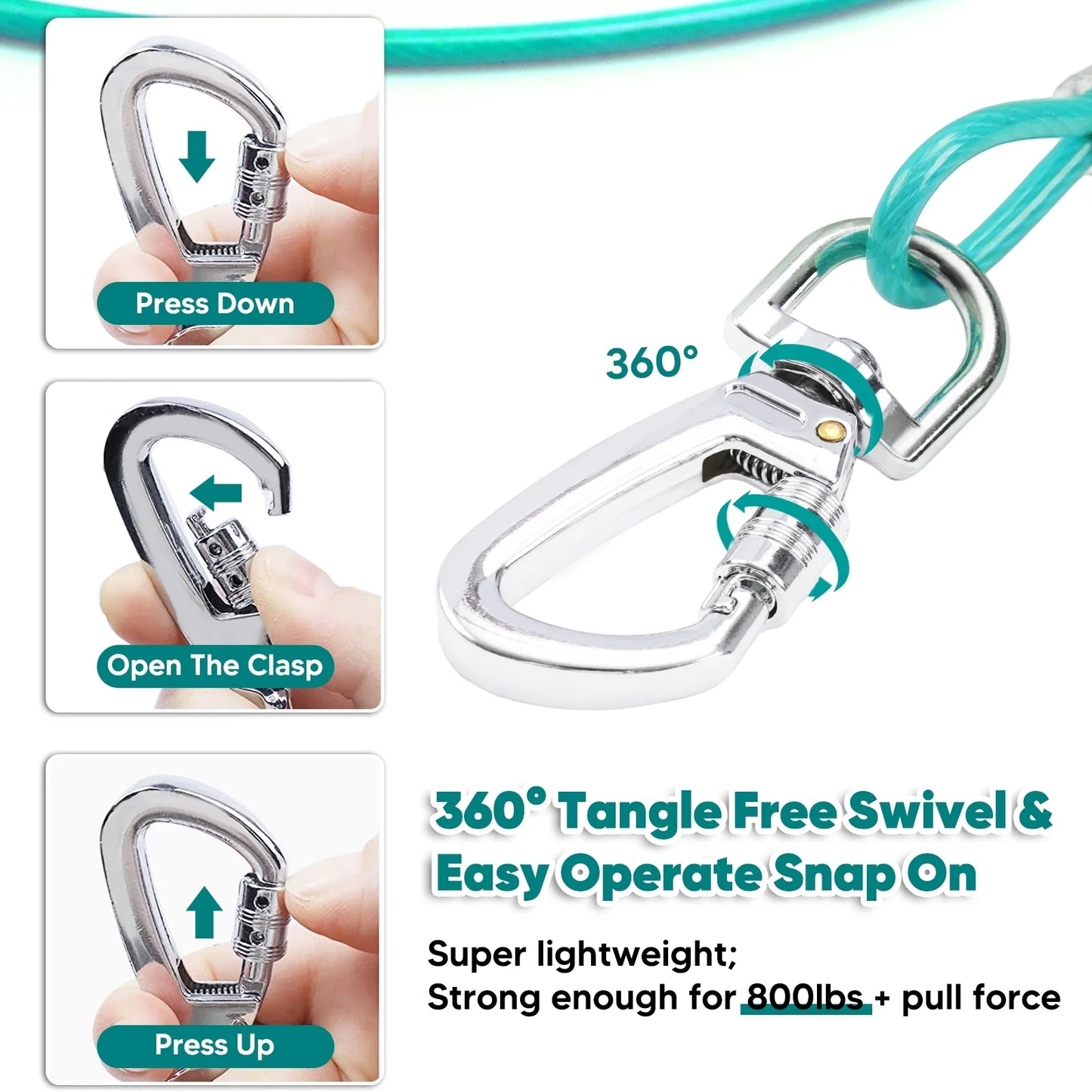 20FT Heavy-Duty Dog Tie-Out Cable for Pets Up to 125 lbs, Chew-Proof and Tangle-Free, Ice Blue