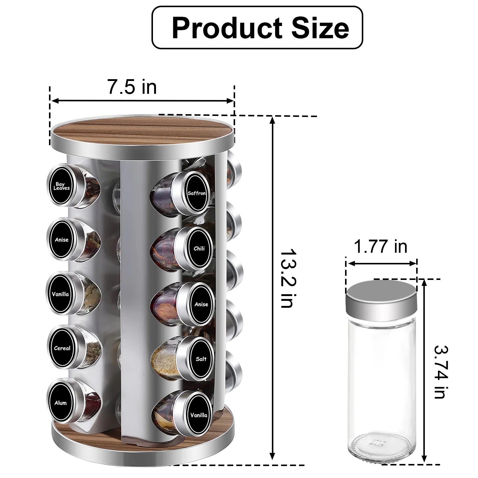 Rotating Spice Rack Organizer with Jars(20Pcs), Seasoning Organizer for Cabinet, Seasoning Rack for Countertop Kitchen, Revolving Stainless Steel Spice Organizer