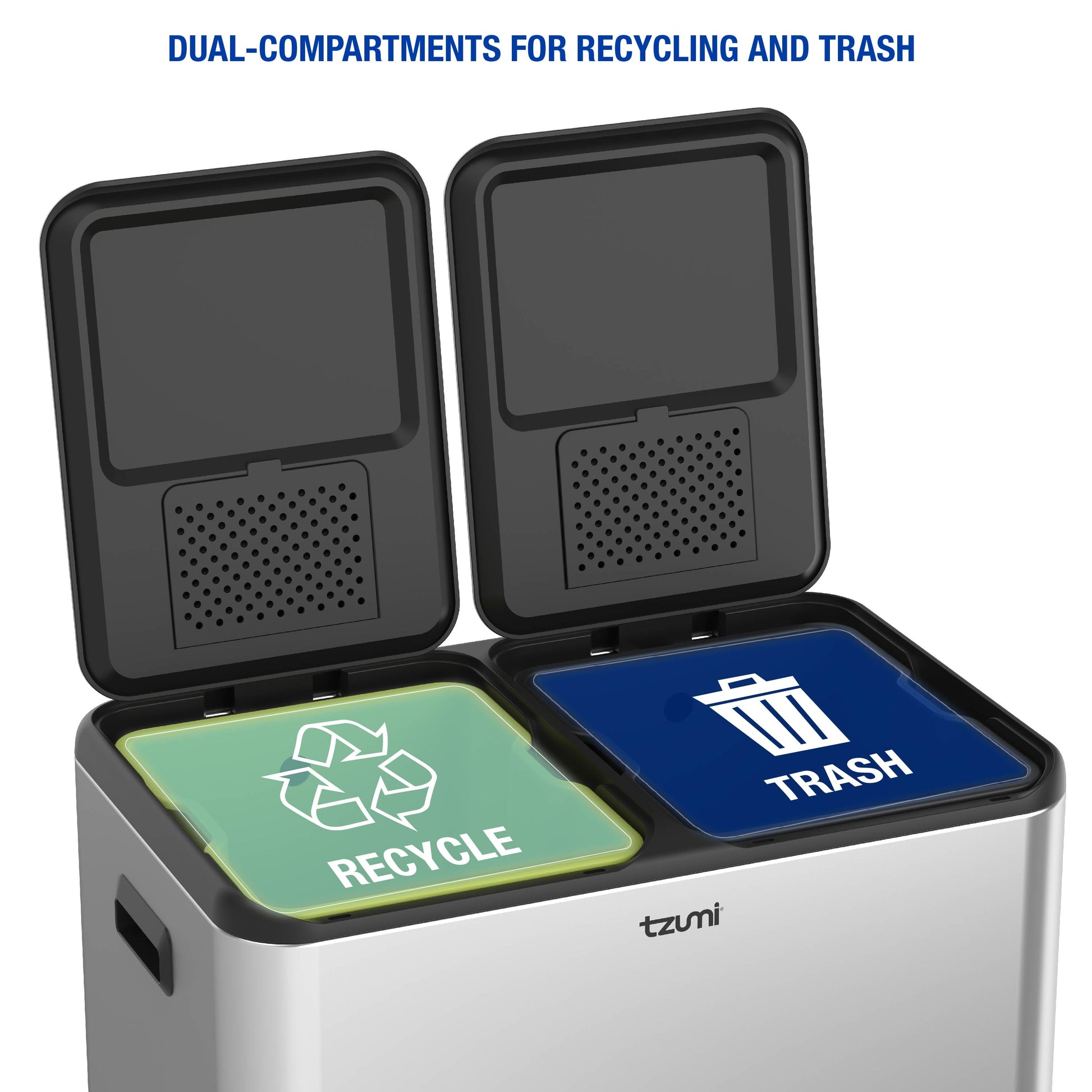 Dual-Compartment Recycling Bin Stainless Steel Trash Can for Kitchen, 16 Gallon Total