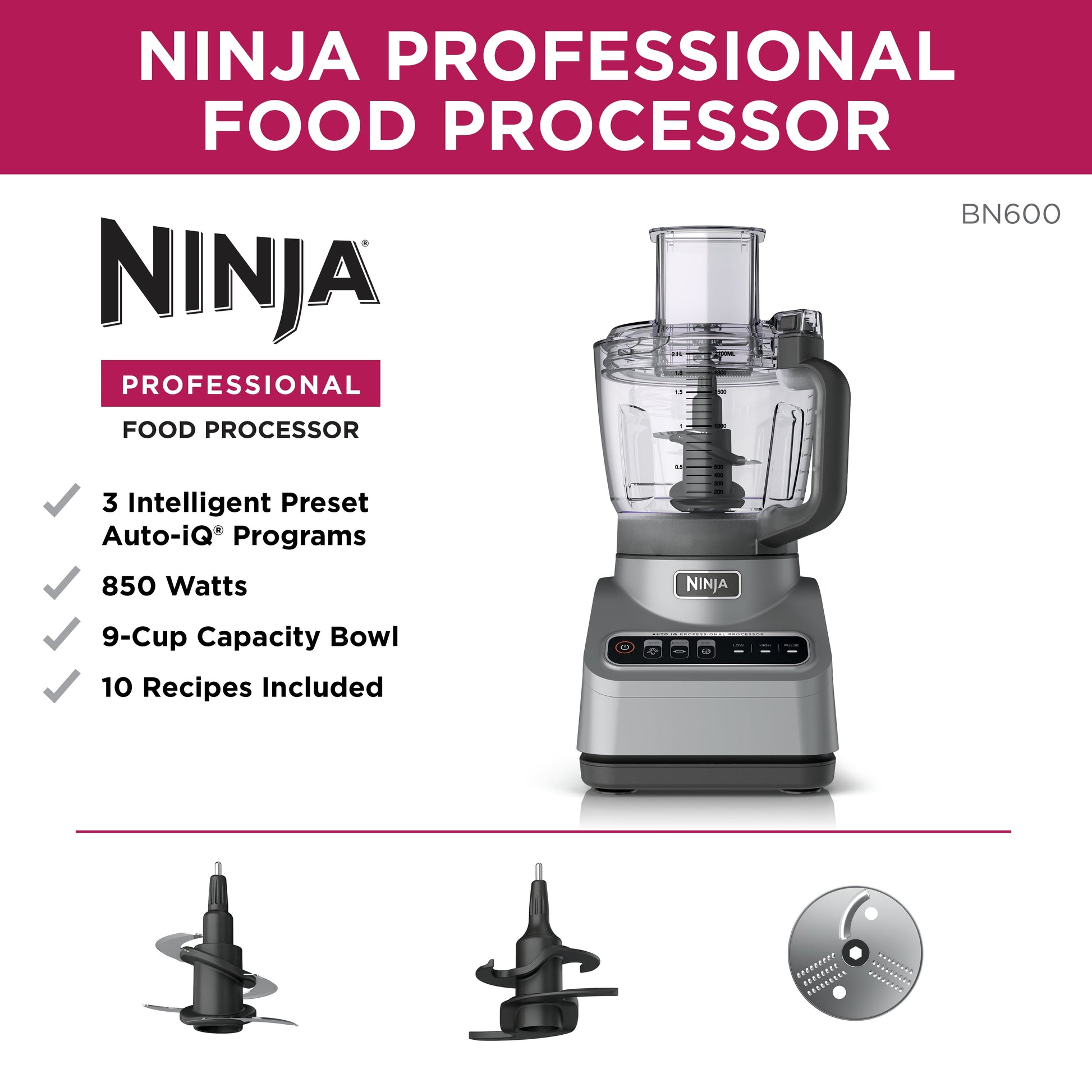 Professional Food Processor, 850 Watts, 9-Cup Capacity, Auto-Iq Preset Programs, Silver