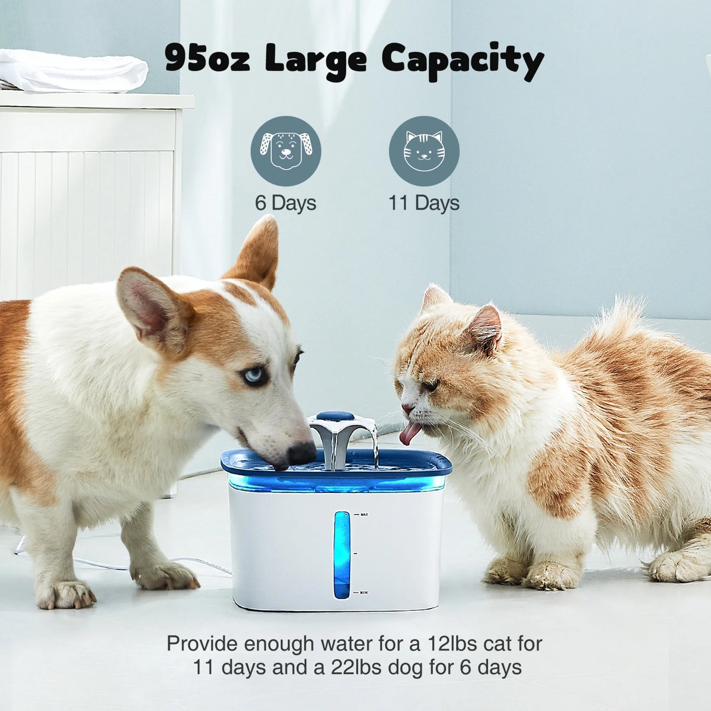 2.8L Automatic Pet Water Fountain with Anti-Slip Mat and Replacement Filters - White & Blue