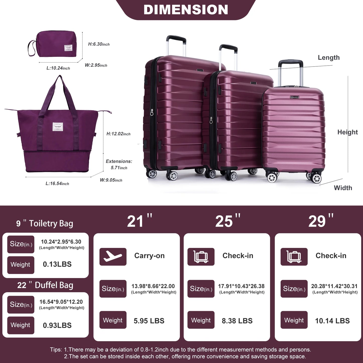 5-Piece Luggage Set: Hardside Suitcases (20", 24", 28") with TSA Lock and Spinner Wheels, Including Duffel Bag (Wine Red)