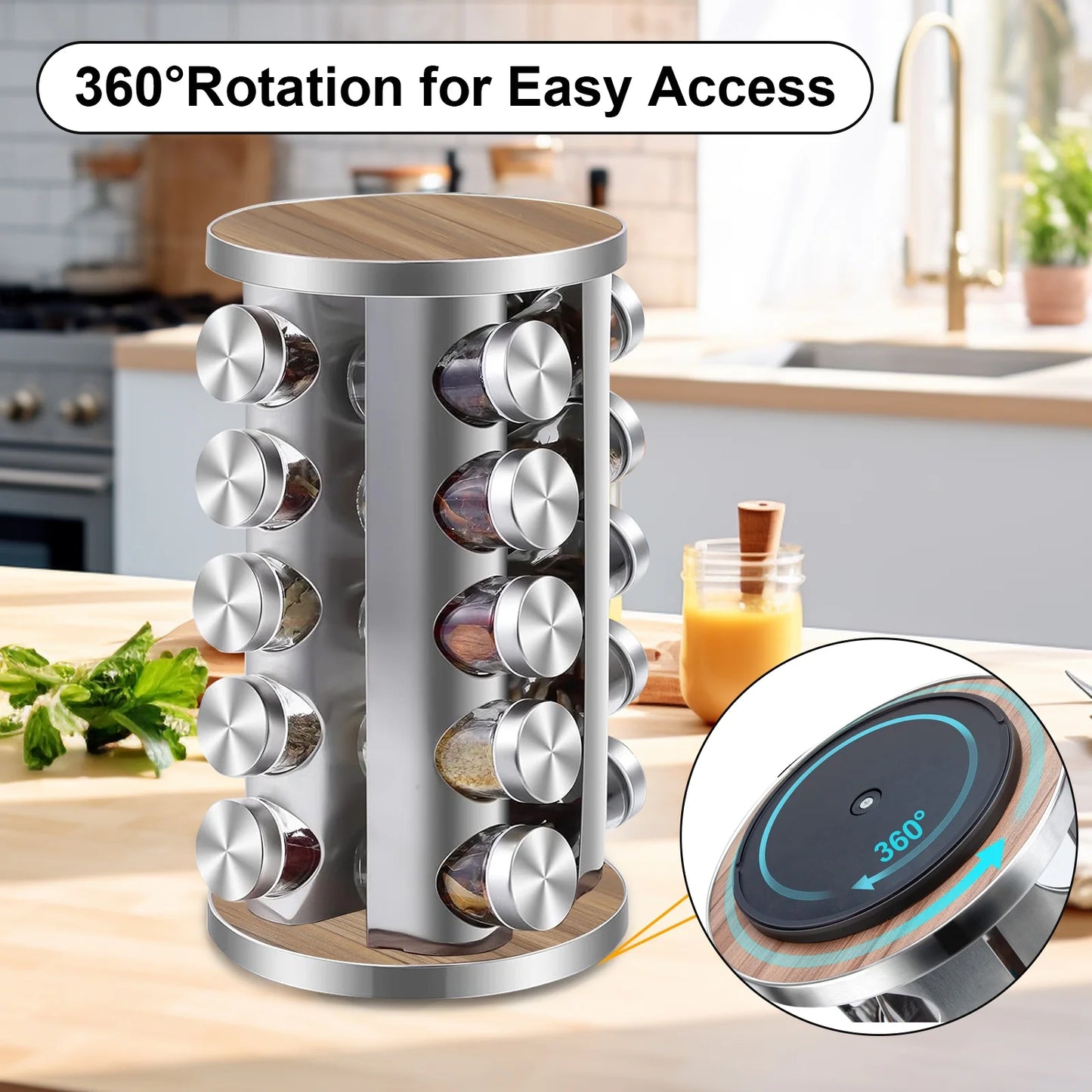 Rotating Spice Rack Organizer with Jars(20Pcs), Seasoning Organizer for Cabinet, Seasoning Rack for Countertop Kitchen, Revolving Stainless Steel Spice Organizer