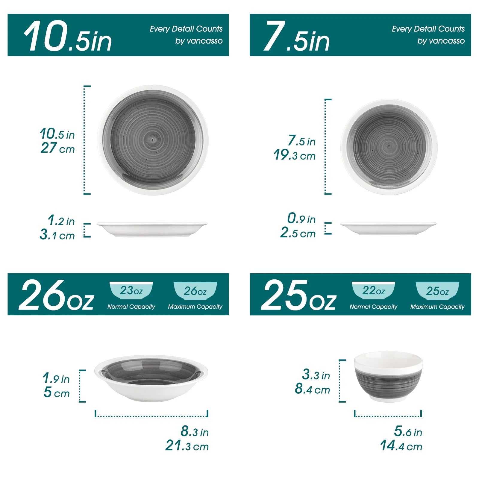 , Series ORI, 16-Piece Dinnerware Set, Stoneware Tableware Plate Set, Service for 4, Gray