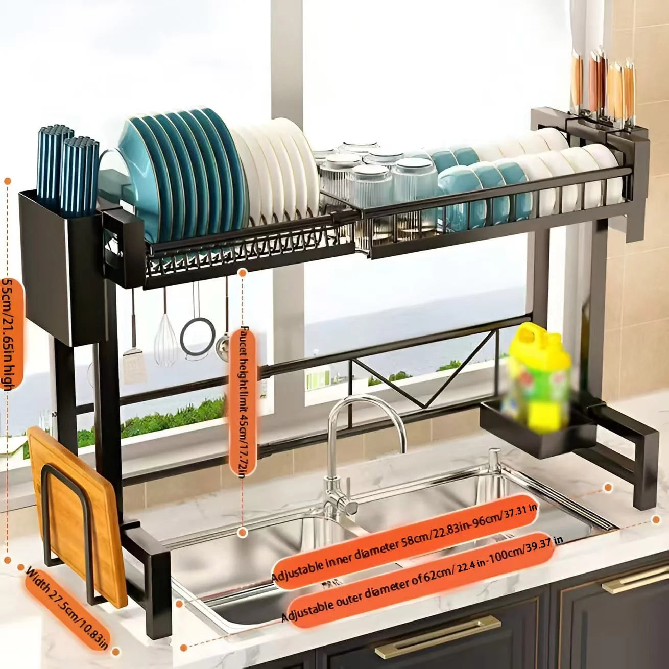 Steel Iron Over-The-Sink Dish Drying Rack,Multifunctional Dish Drying Rack with 4 Baskets,Fits Sinks Fits Sinks 24.4"-39.7"