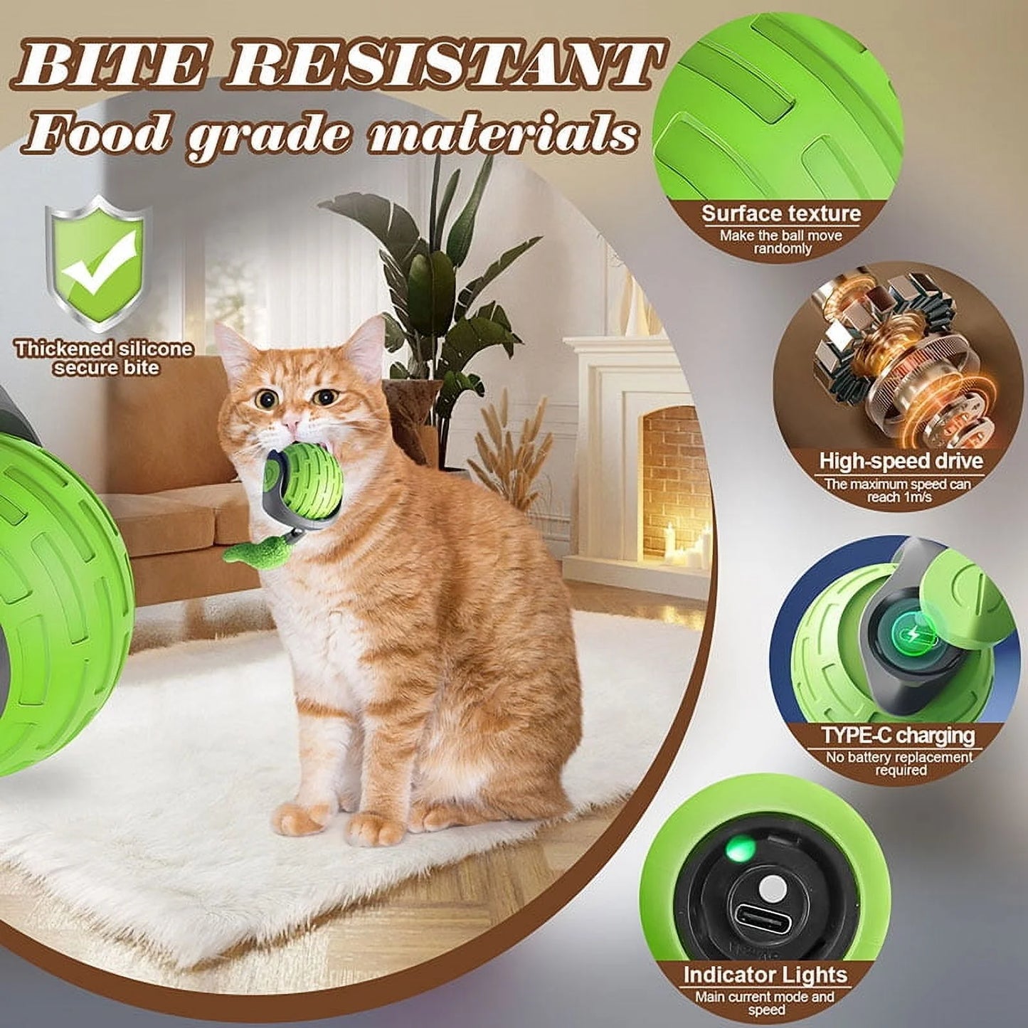 Cat Interactive Ball Toys Rolling Ball Faux Tail Rechargeable Smart Pet Toys Interactive Toys for Indoor Cats（2Pcs)）