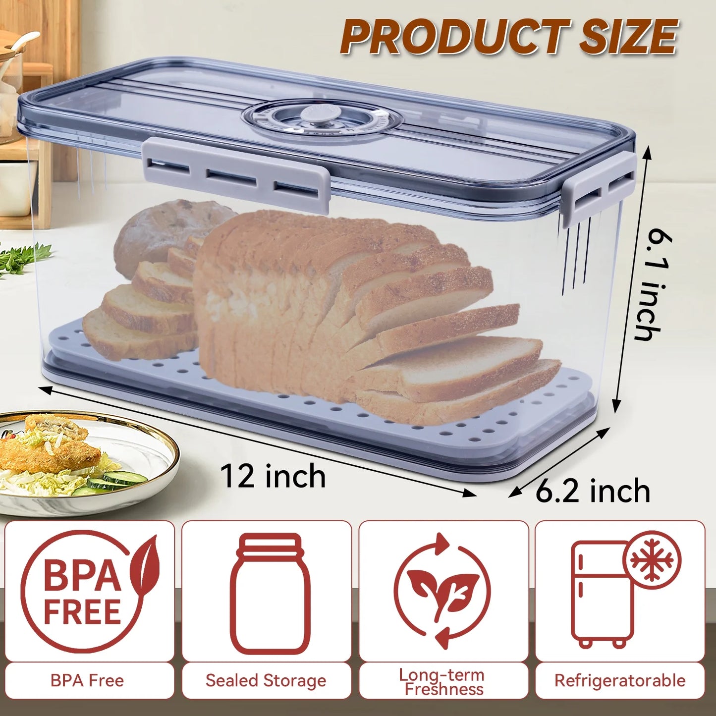 Airtight Bread Box with Lid ,Time Recording, Kitchen Countertop Storage Container,Store Bread, Toast, Donut and Fruits,Gray