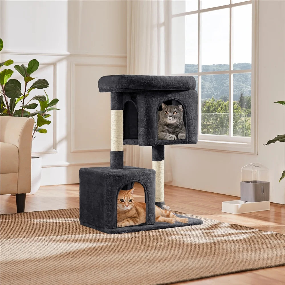 33.4" Double Condo Plush Cat Tree with Scratching Posts in Black