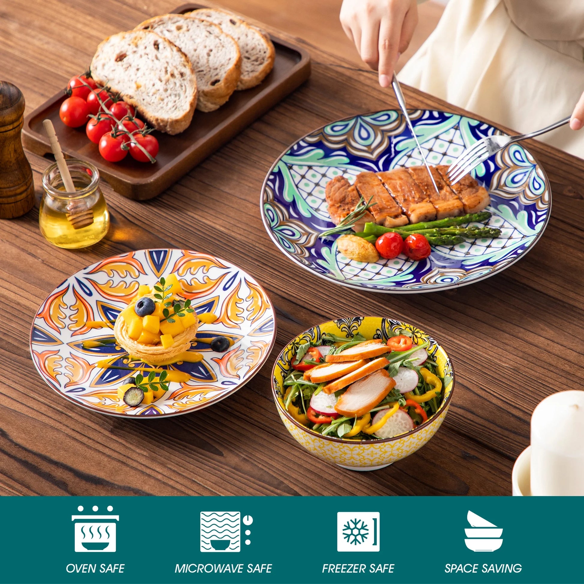 Malacasa 12 Pcs Dinnerware Sets, Ceramic Plates and Bowls Set, Porcelain Tableware Dishwasher Microwave Safe, Serves for 4 People, Colorful 1