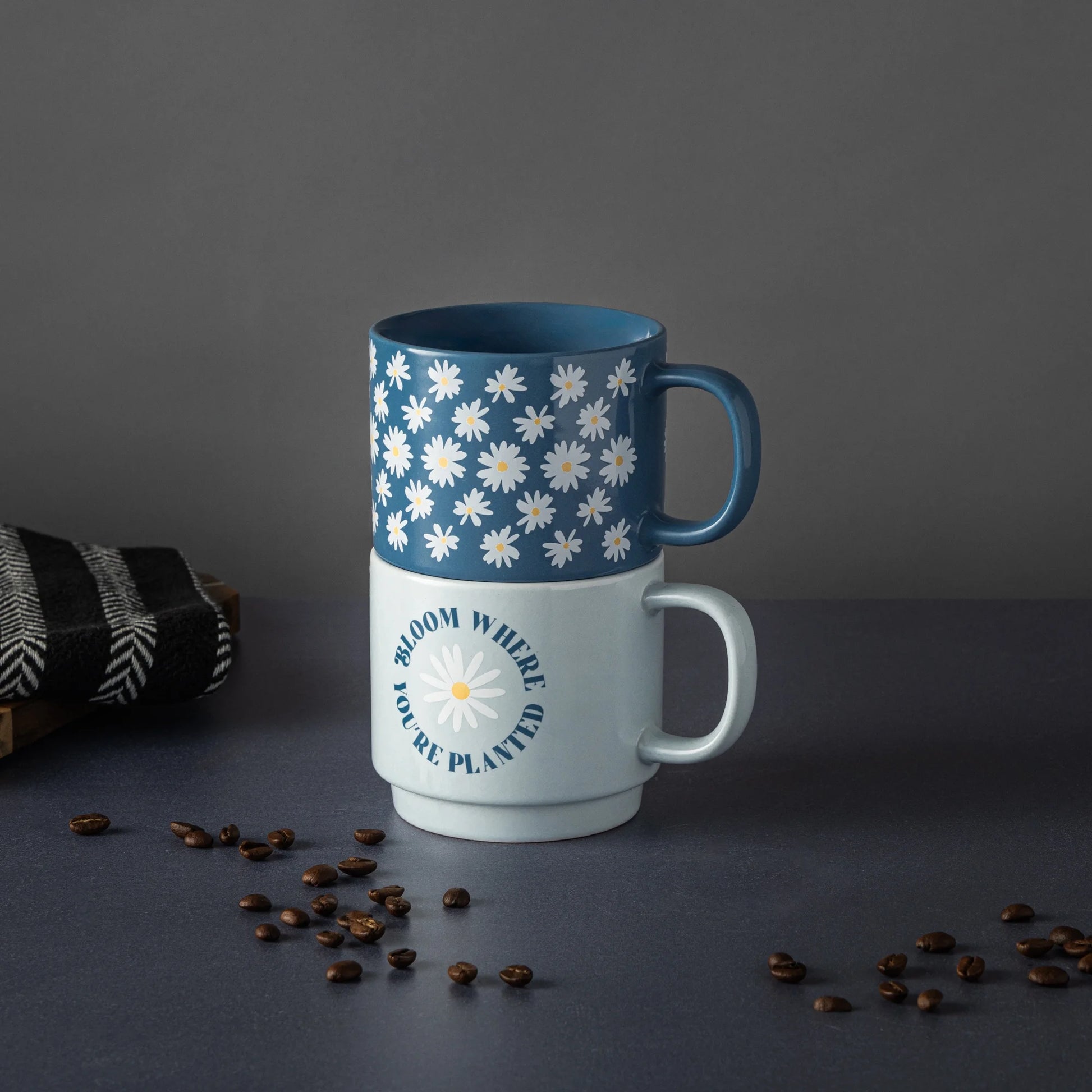 Set of 2 Stacking Stoneware Mugs - Daisy Bloom and Where Planted Designs, 14.2 Fl Oz