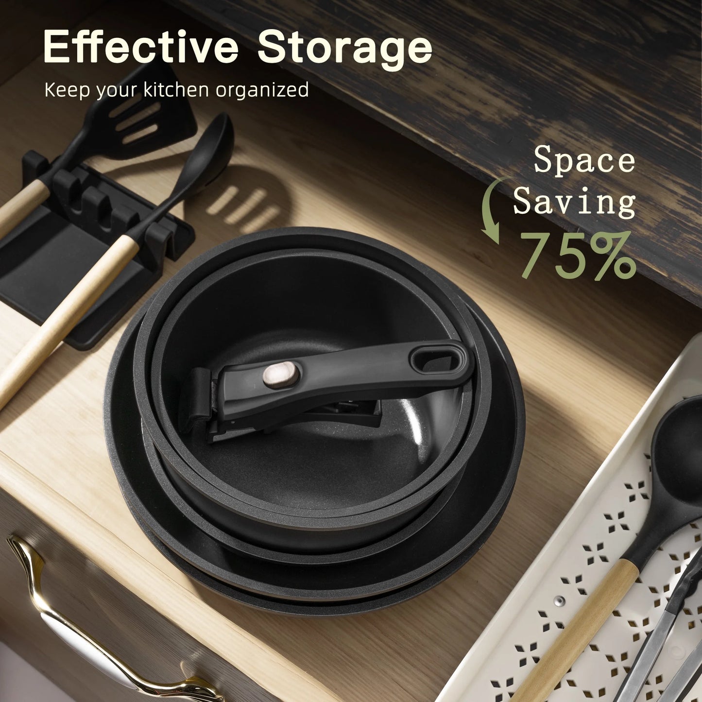 20-Piece Nonstick Cookware Set with Detachable Handles, Oven and Dishwasher Safe, Induction Compatible, Stackable Design for RV Kitchens, Black