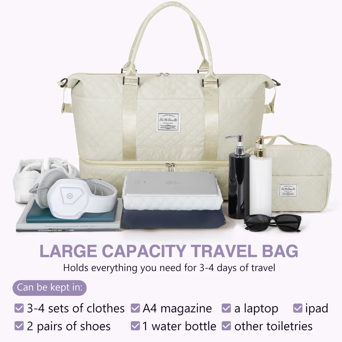 40L Weekender Duffel Bag with Shoes Compartment, Includes Toiletry and Shoes Bags, Women's Gym Bag with Wet Pocket, Ideal for Travel and Weekend Getaways, White