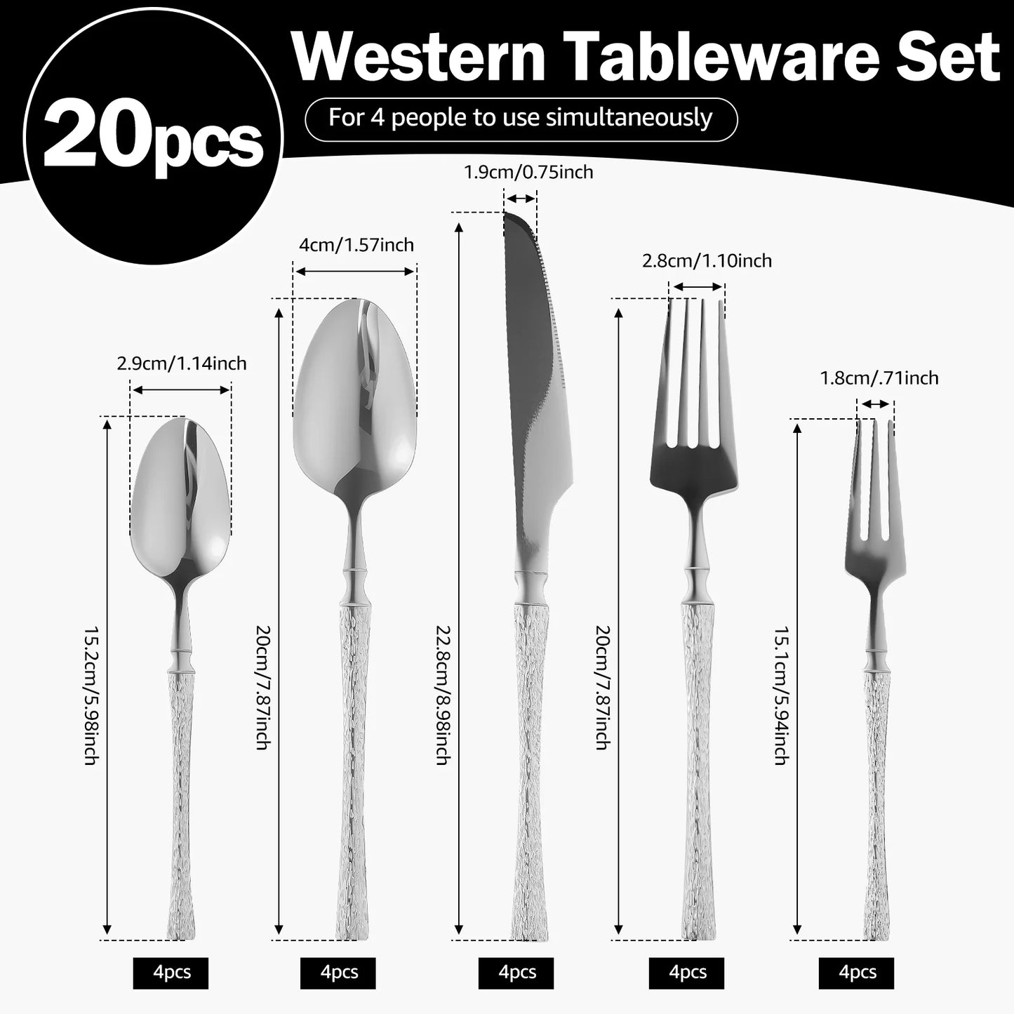 20-Piece Silverware Set with Small Waist Tree Pattern, Stainless Steel Tableware for Hotels, Includes Steak Knife, Fork, Spoon, and Dessert Fork - Dishwasher Safe