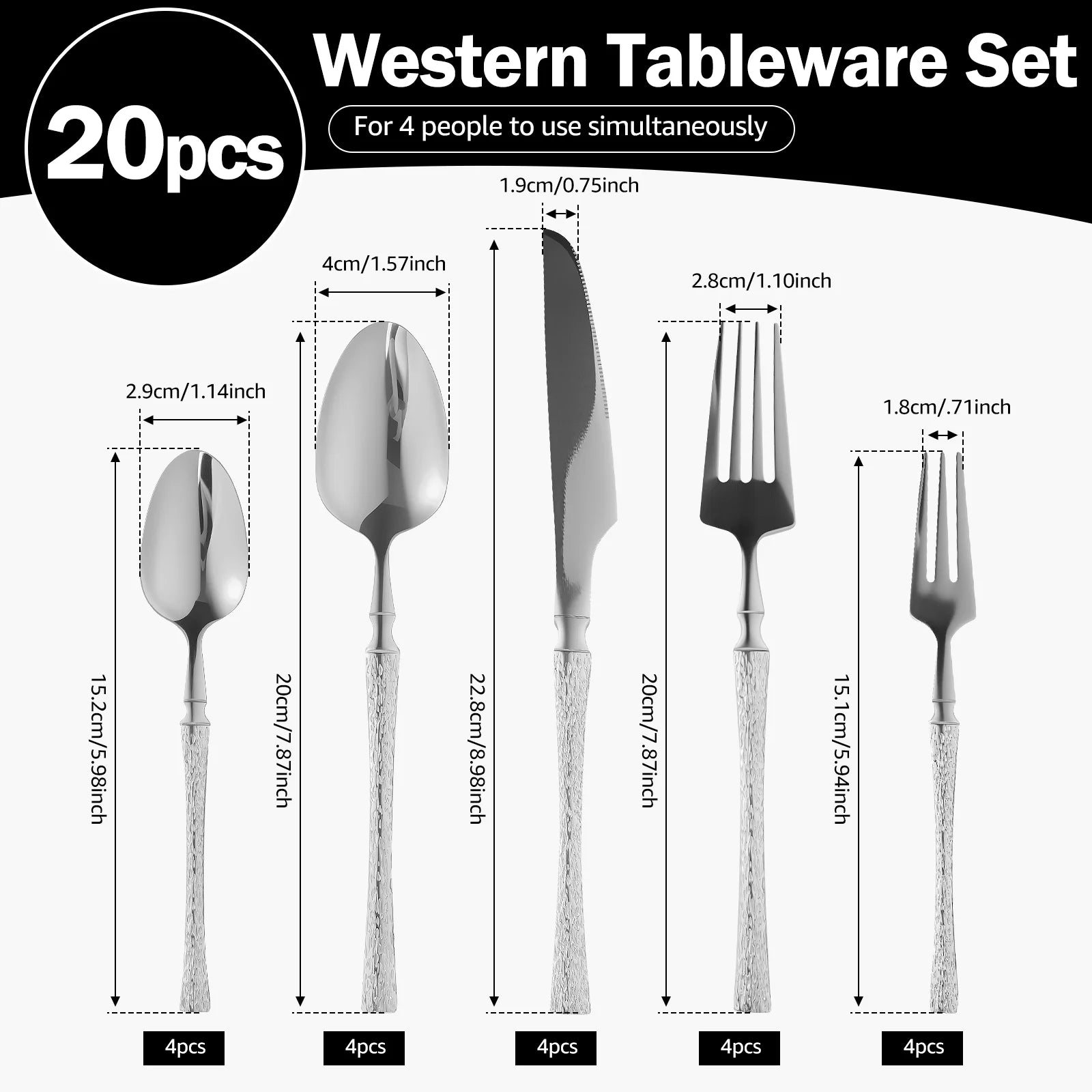20-Piece Silverware Set with Small Waist Tree Pattern, Stainless Steel Tableware for Hotels, Includes Steak Knife, Fork, Spoon, and Dessert Fork - Dishwasher Safe
