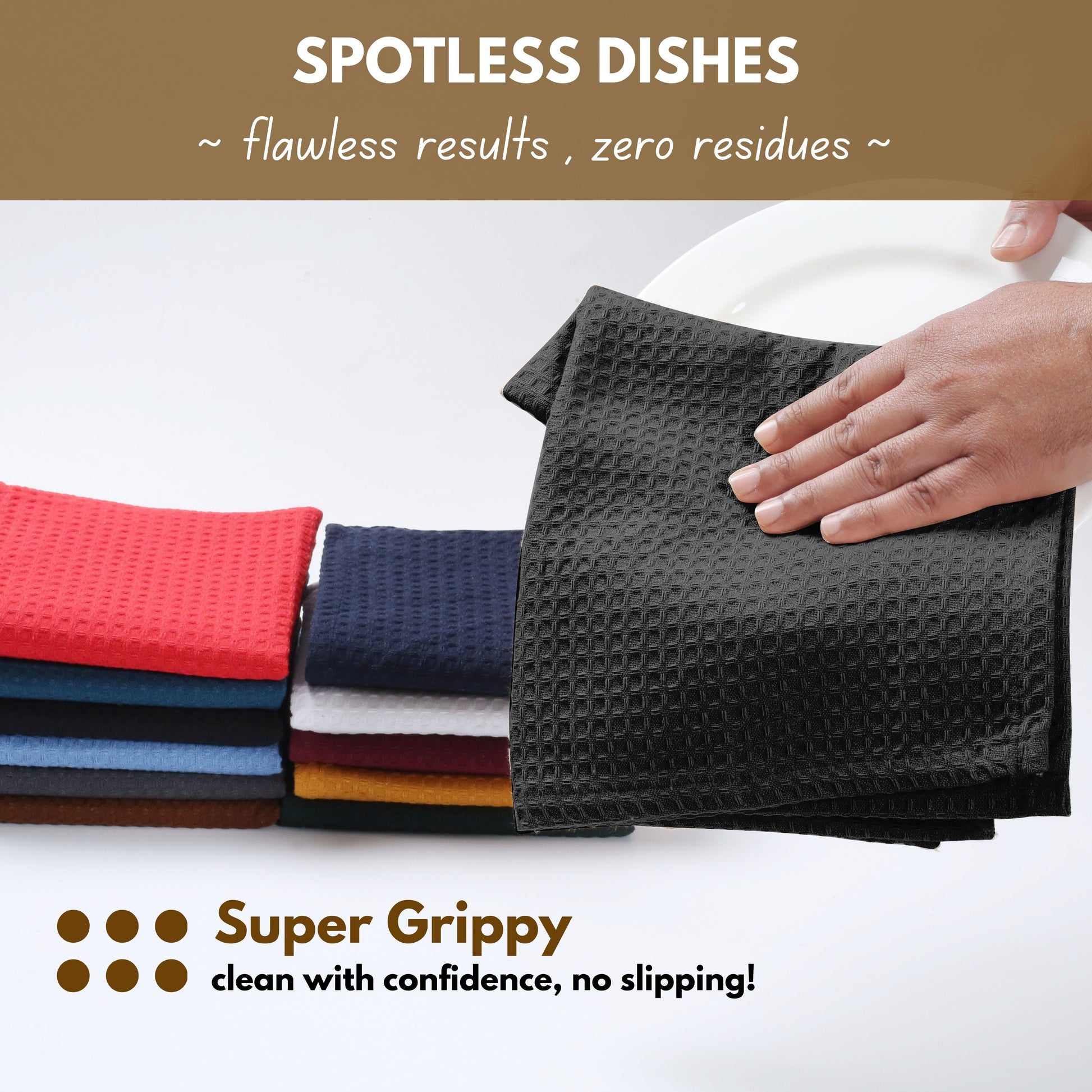 Native Fab Waffle Kitchen Towels 16X26 - Absorbent Cotton Dishcloths for Cleaning Set of 4 - Black