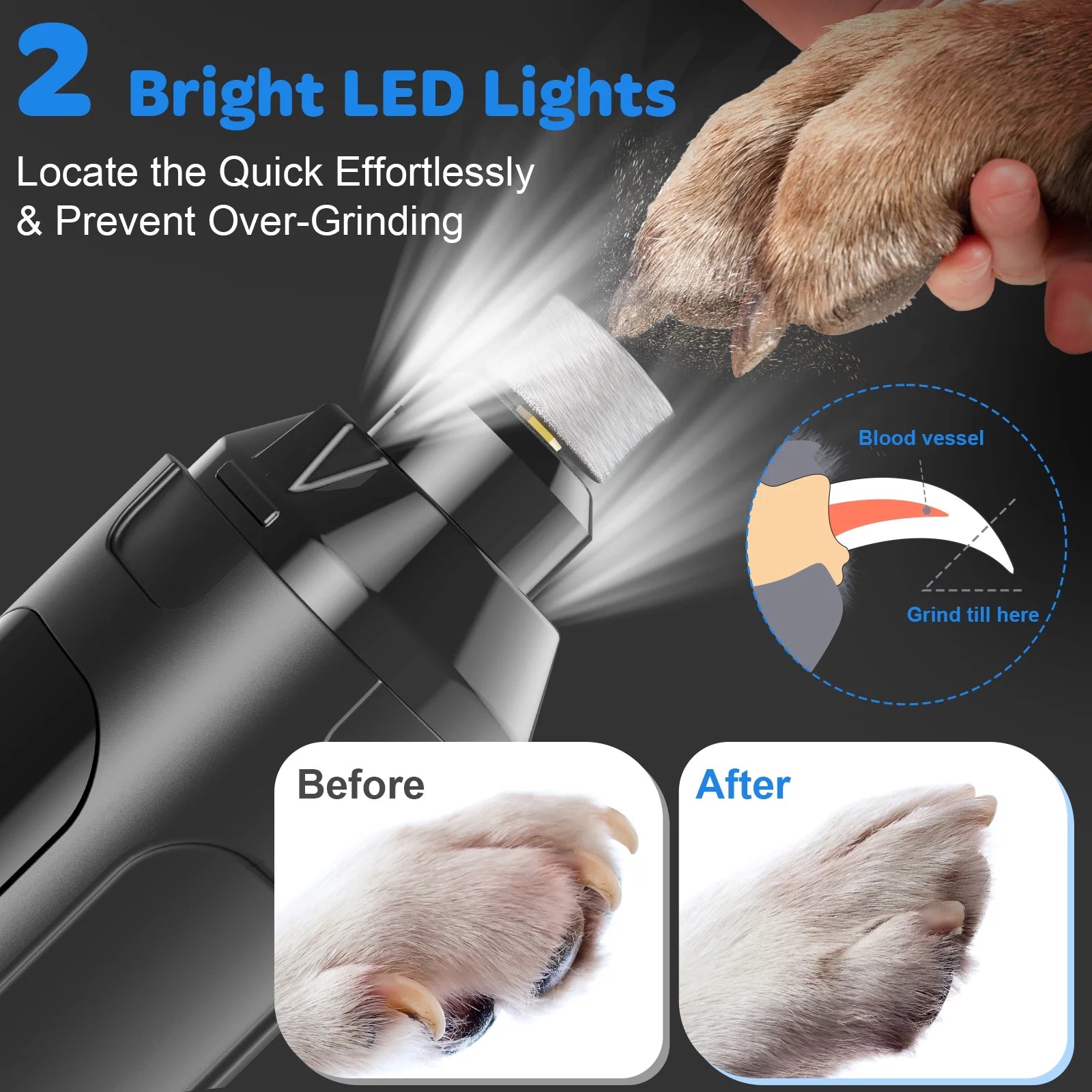 6-Speed Rechargeable Dog Nail Grinder with LED Lights - Quiet and Safe Nail Trimming Tool for Painless Grooming of Large, Medium, and Small Dogs