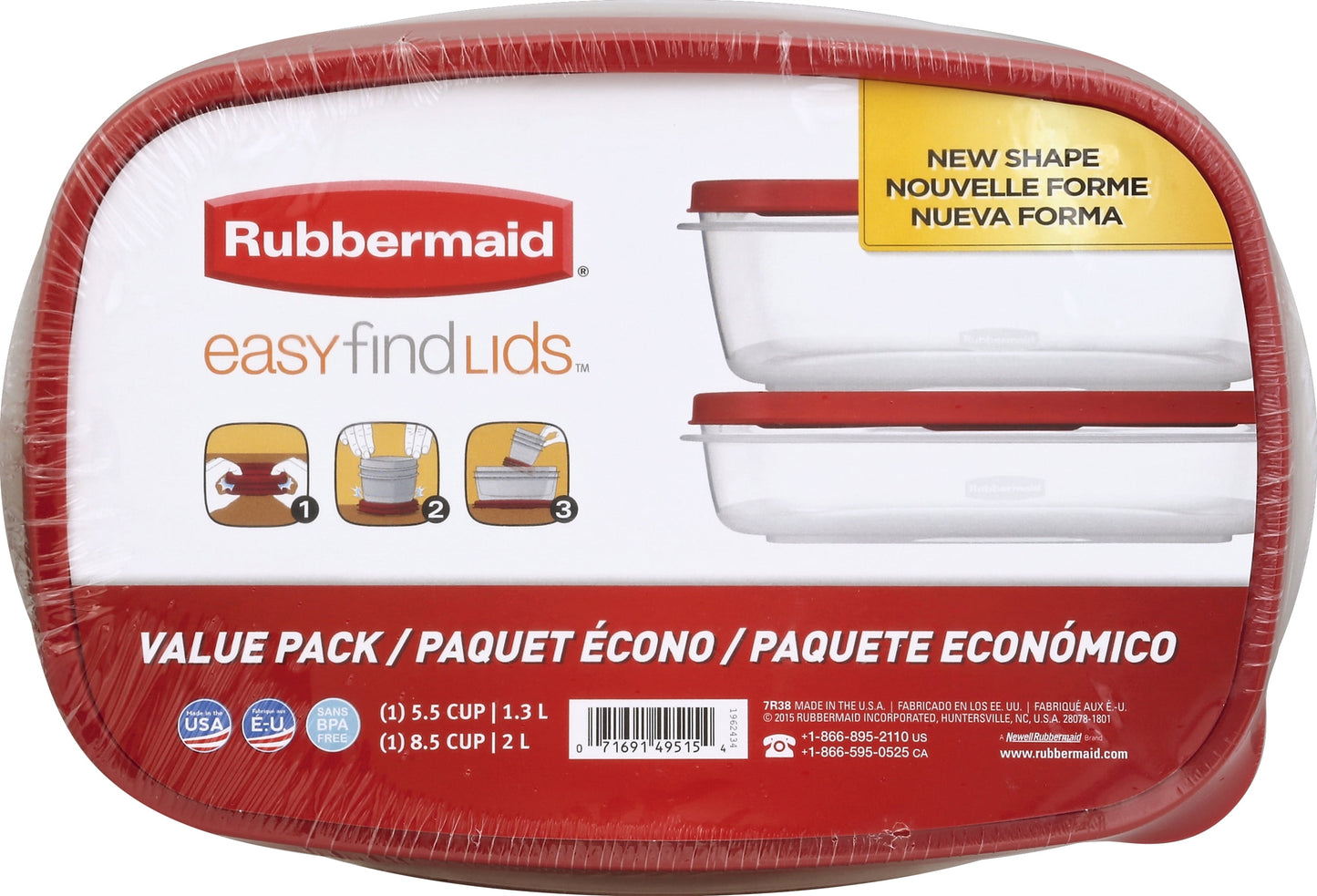 Easyfindlids Food Storage Container Value Pack with Lids, 1-8.5 (2.0 Liter) Cup, 1-5.5 Cup (1.3 Liter)