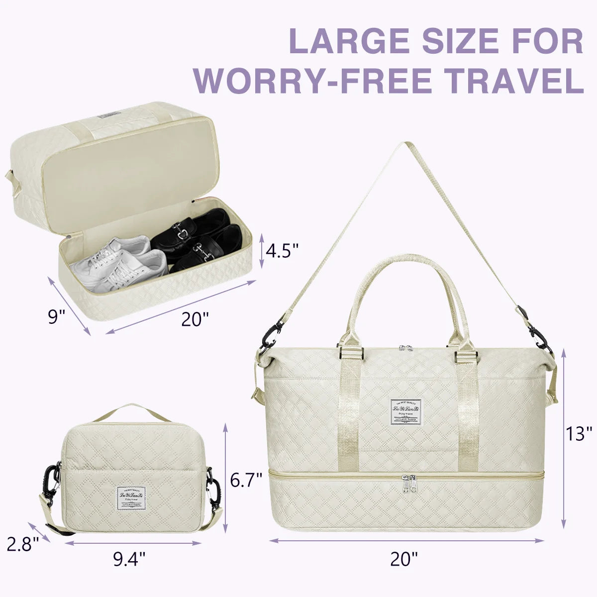 40L Weekender Duffel Bag with Shoes Compartment, Includes Toiletry and Shoes Bags, Women's Gym Bag with Wet Pocket, Ideal for Travel and Weekend Getaways, White