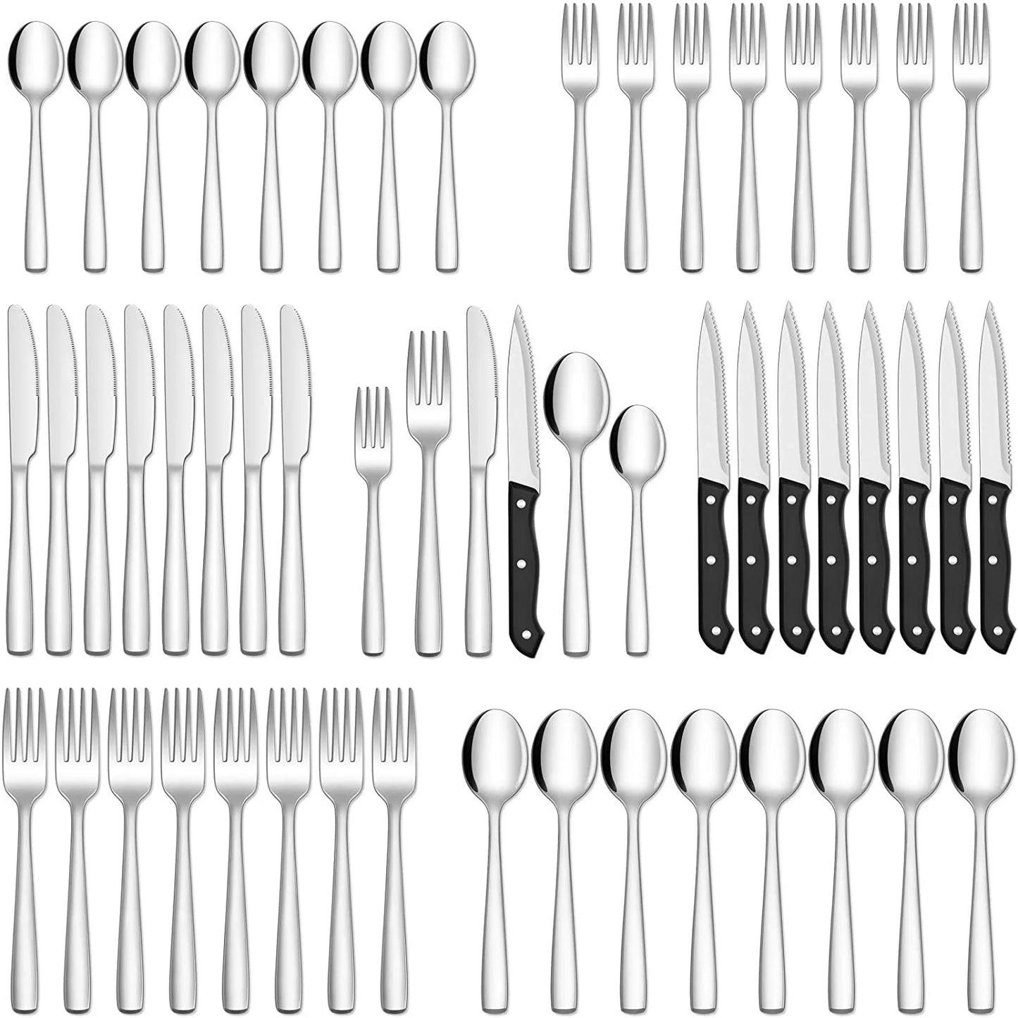 49-Piece Silverware Set with Flatware Drawer Organizer, Durable Stainless Steel Cutlery Set for 8, Mirror Polished Kitchen Utensils Tableware Service with Steak Knives Dinner Fork Knife Spoon & Tray