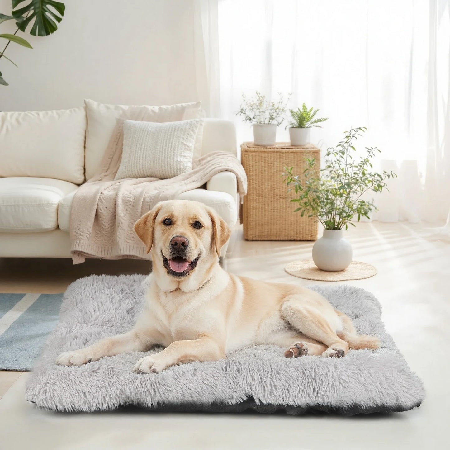 Large Dog Bed - 40 x 26 Inch Plush Washable Dog Mat with Non-Slip Base for Large Dogs, Gray