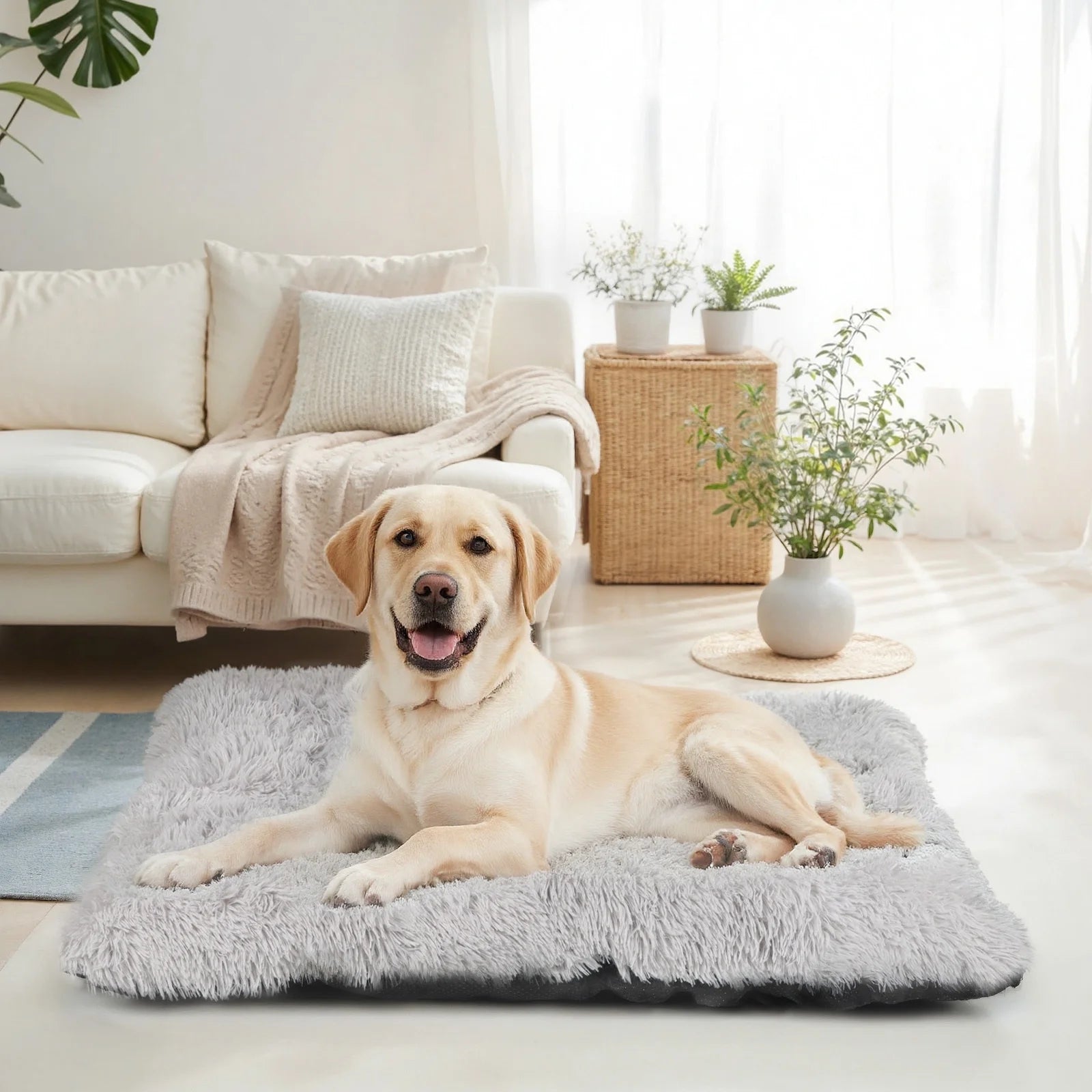 Large Dog Bed - 40 x 26 Inch Plush Washable Dog Mat with Non-Slip Base for Large Dogs, Gray