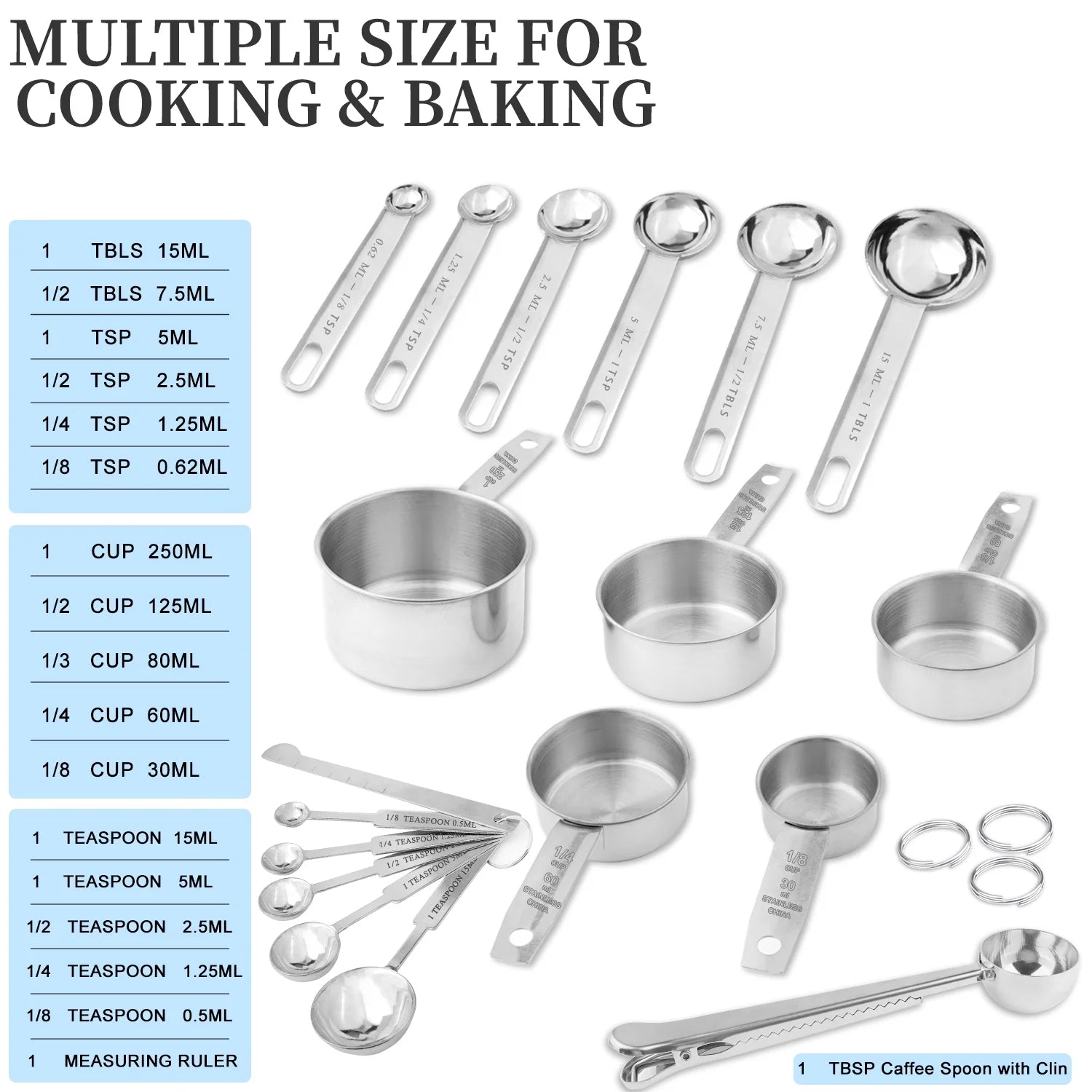 18-Piece Stainless Steel Measuring Cups and Spoons Set, 6 Stainless Steel Measuring Cups,11 Stainless Steel Measuring Spoons&1 Measuring Stick Leveler, Kitchen Tools for Cooking & Baking
