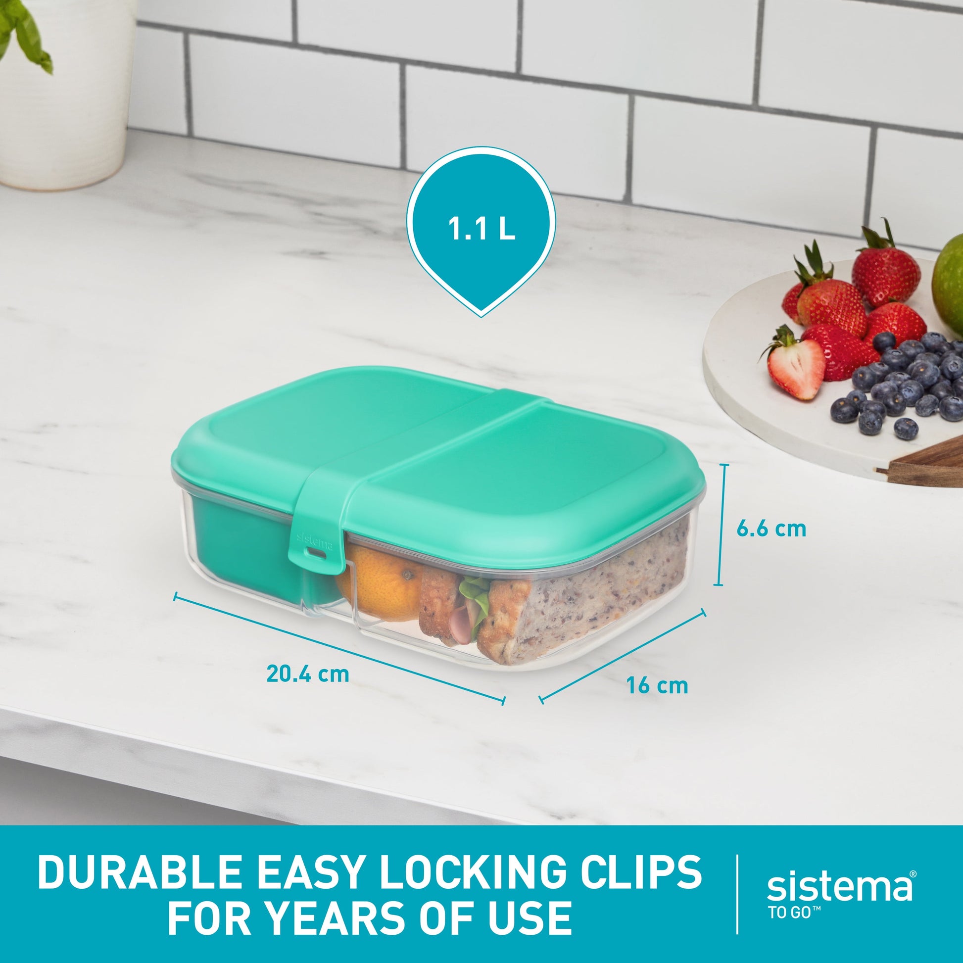 to Go Split Lunch Box, 1.1L Food Storage Container with 2 Compartments, Minty Teal