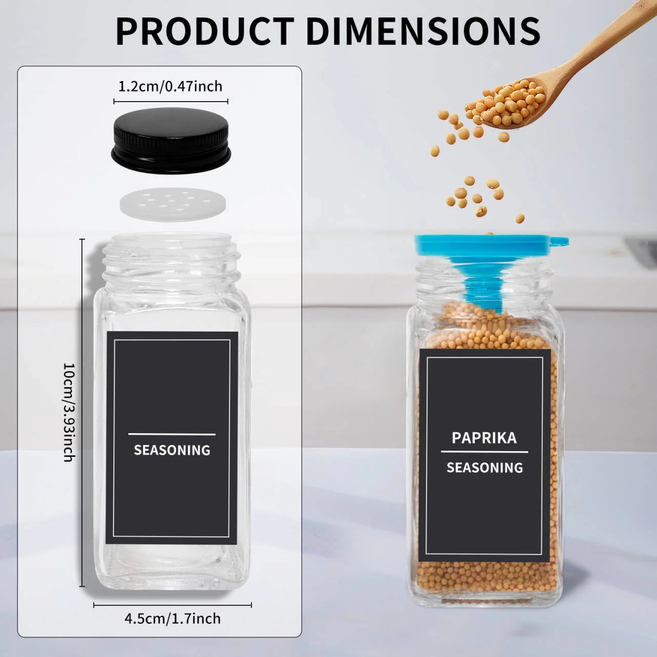 12Pcs 4Oz Glass Spice Jars with Shaker Lids, Labels, a Handy Funnel, Empty Spice Containers and Square Spice Bottles for Kitchen and Seasoning