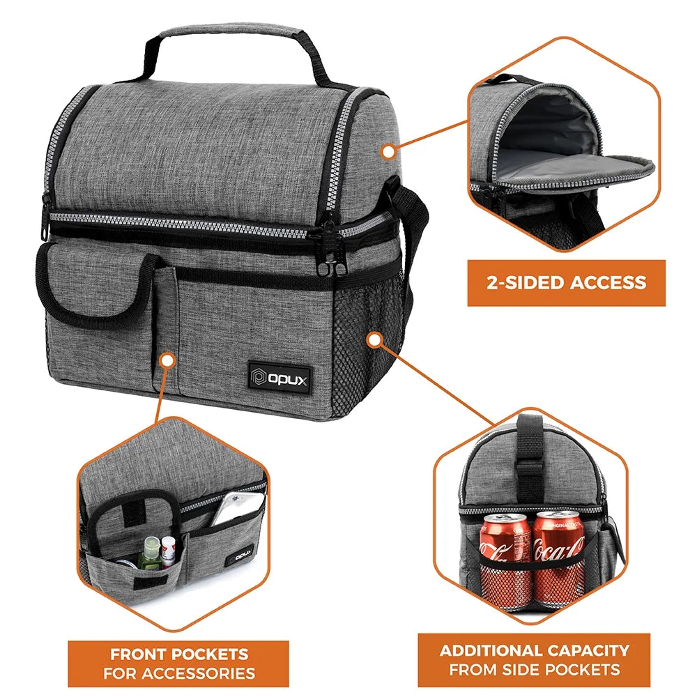 Insulated Dual Compartment Lunch Bag for Men, Women | Double Deck Reusable Lunch Pail Cooler Bag with Shoulder Strap, Soft Leakproof Liner | Large Lunch Box Tote for Work, School (Heather Grey)
