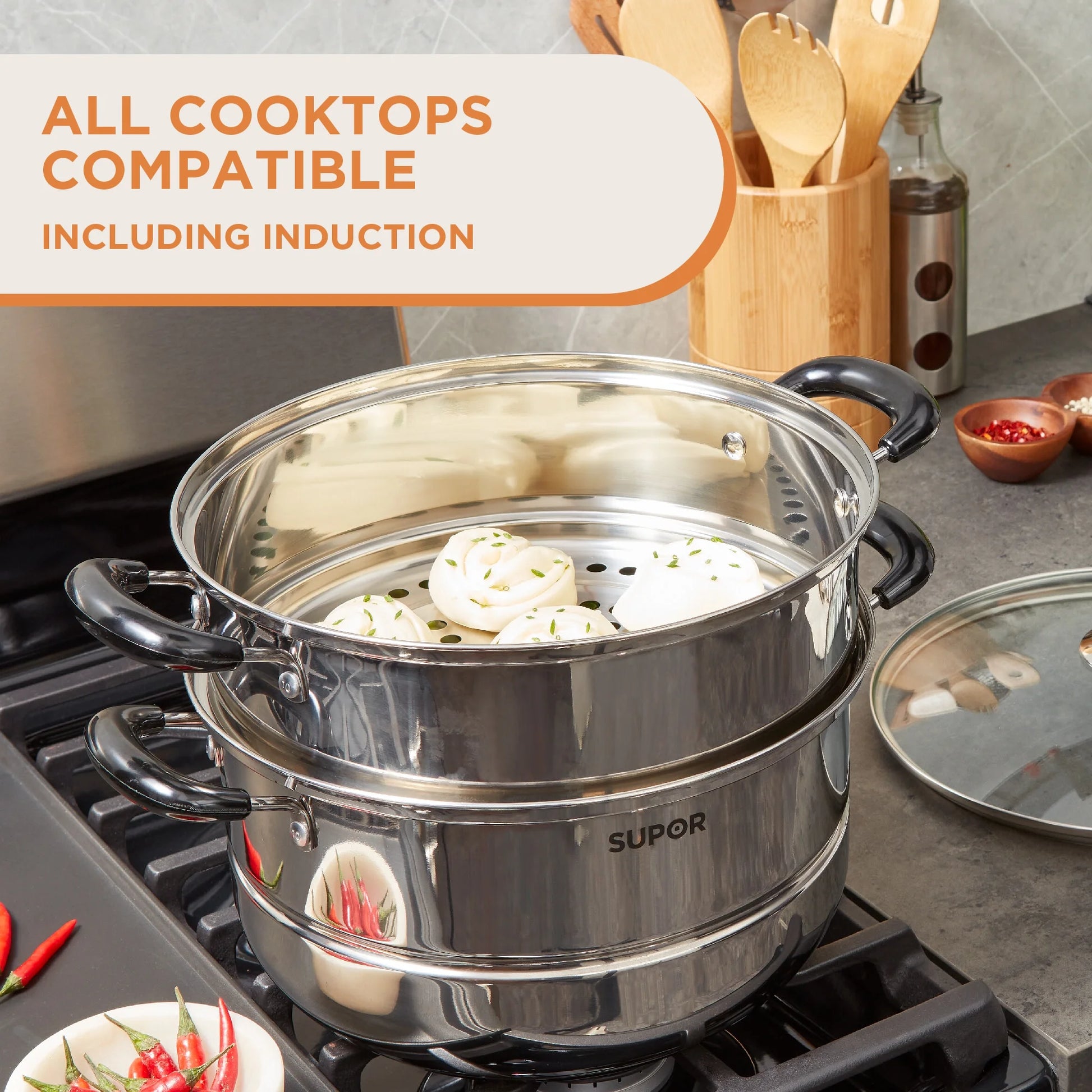 2-Tier Stainless Steel Steamer Pot with Glass Lid, 7.6QT Large, for Dumplings, Seafood, Vegetables & More