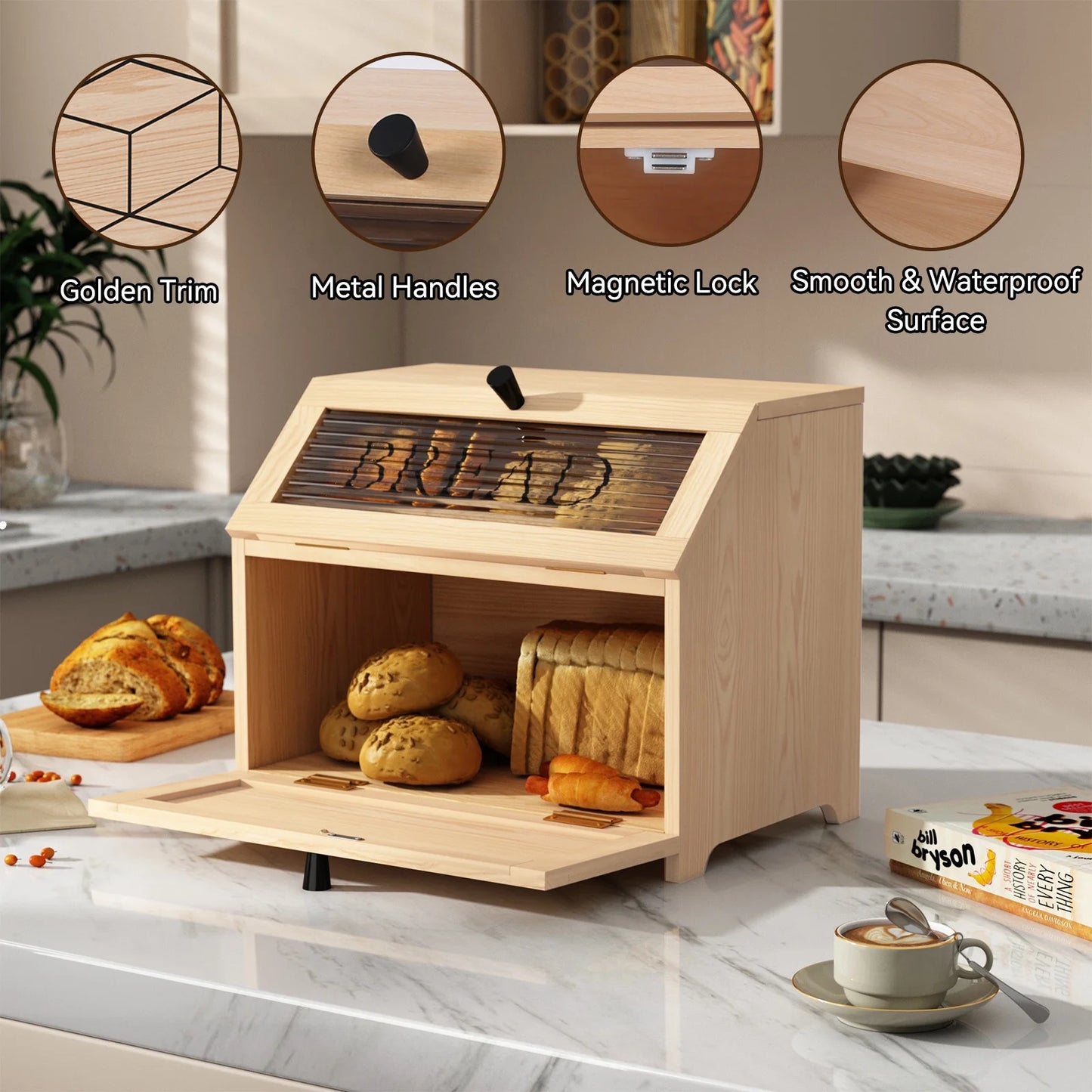 Large Bread Box, Wood 2-Layer Bread Box Storage for Kitchen Counter, with Bar Pattern Windows, Brown