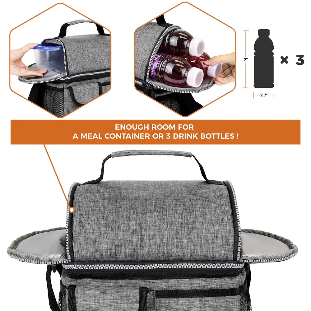 Insulated Dual Compartment Lunch Bag for Men, Women | Double Deck Reusable Lunch Pail Cooler Bag with Shoulder Strap, Soft Leakproof Liner | Large Lunch Box Tote for Work, School (Heather Grey)