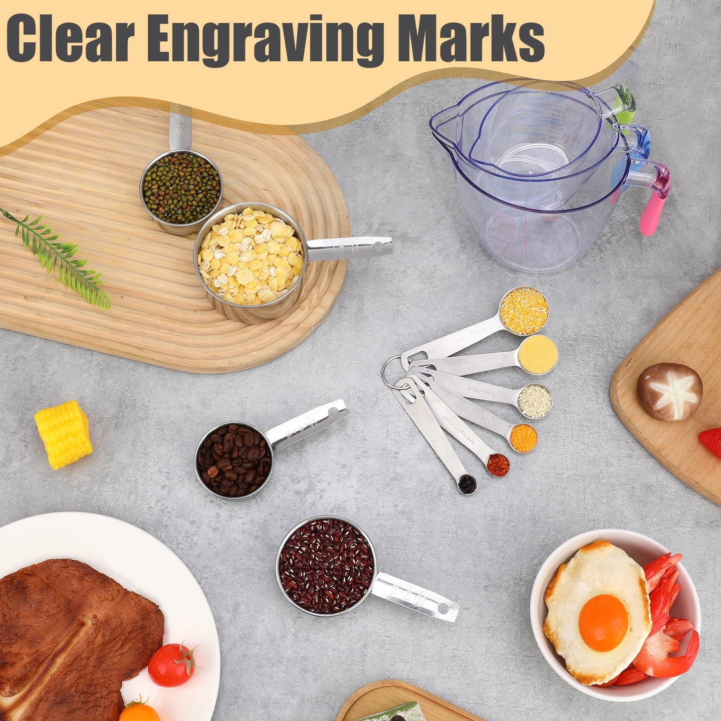 14-Piece Measuring Cups and Spoons Set, Nesting Stainless Steel Measuring Cups Spoons with Plastic Measuring Cup for Dry and Liquid Ingredients, Kitchen Cooking & Baking Gadgets