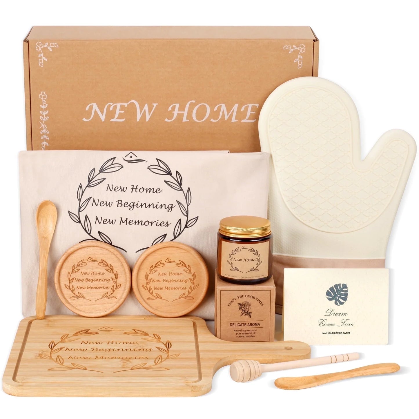 11 Pcs Housewarming Gifts Basket with Apron, Gloves, Serving Board, Beige