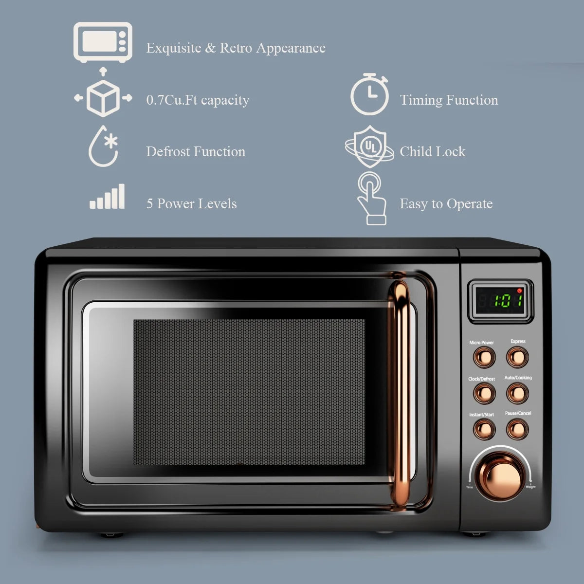 0.7 Cu. Ft. Retro Countertop Microwave Oven with 700W Power, LED Display, Glass Turntable in Rose Gold