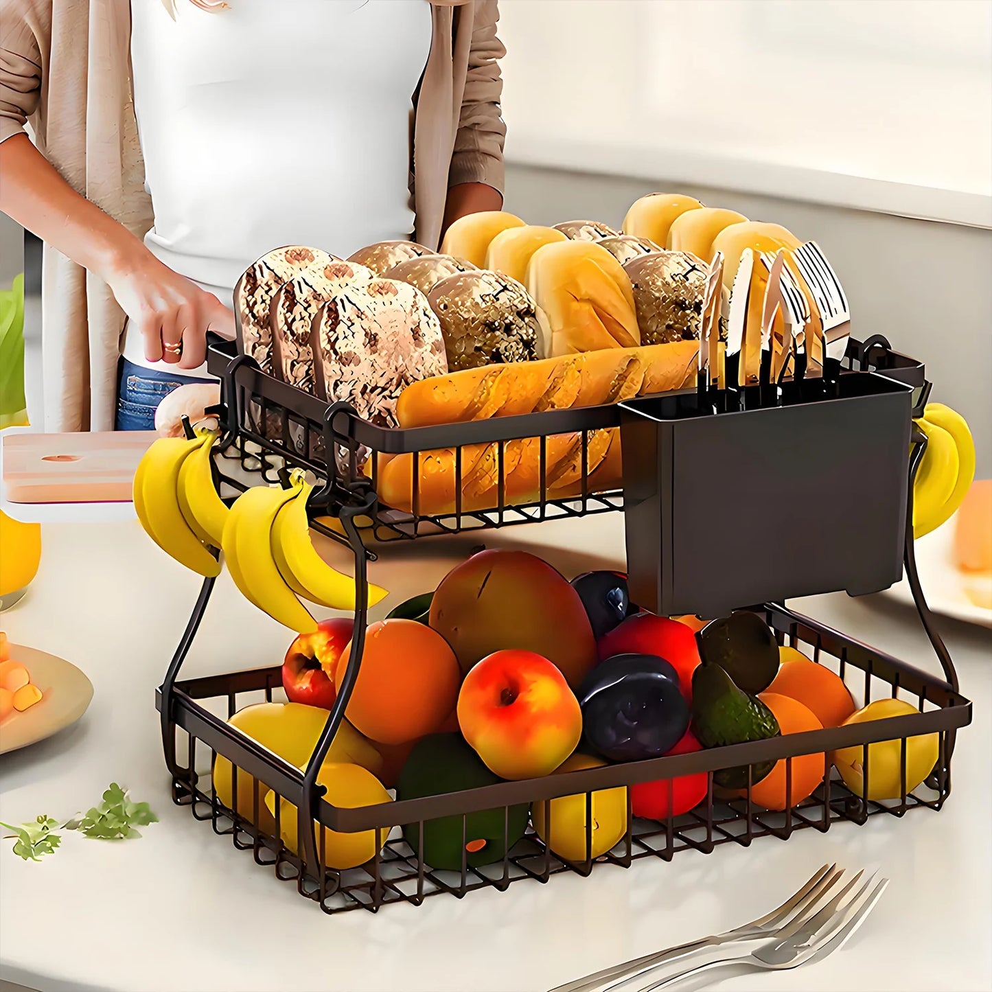2-Tier Countertop Fruit Basket - Black Metal Organizer W/4 Banana Hooks & Knife Holder, 10X3X16In for Kitchen/Dining Room