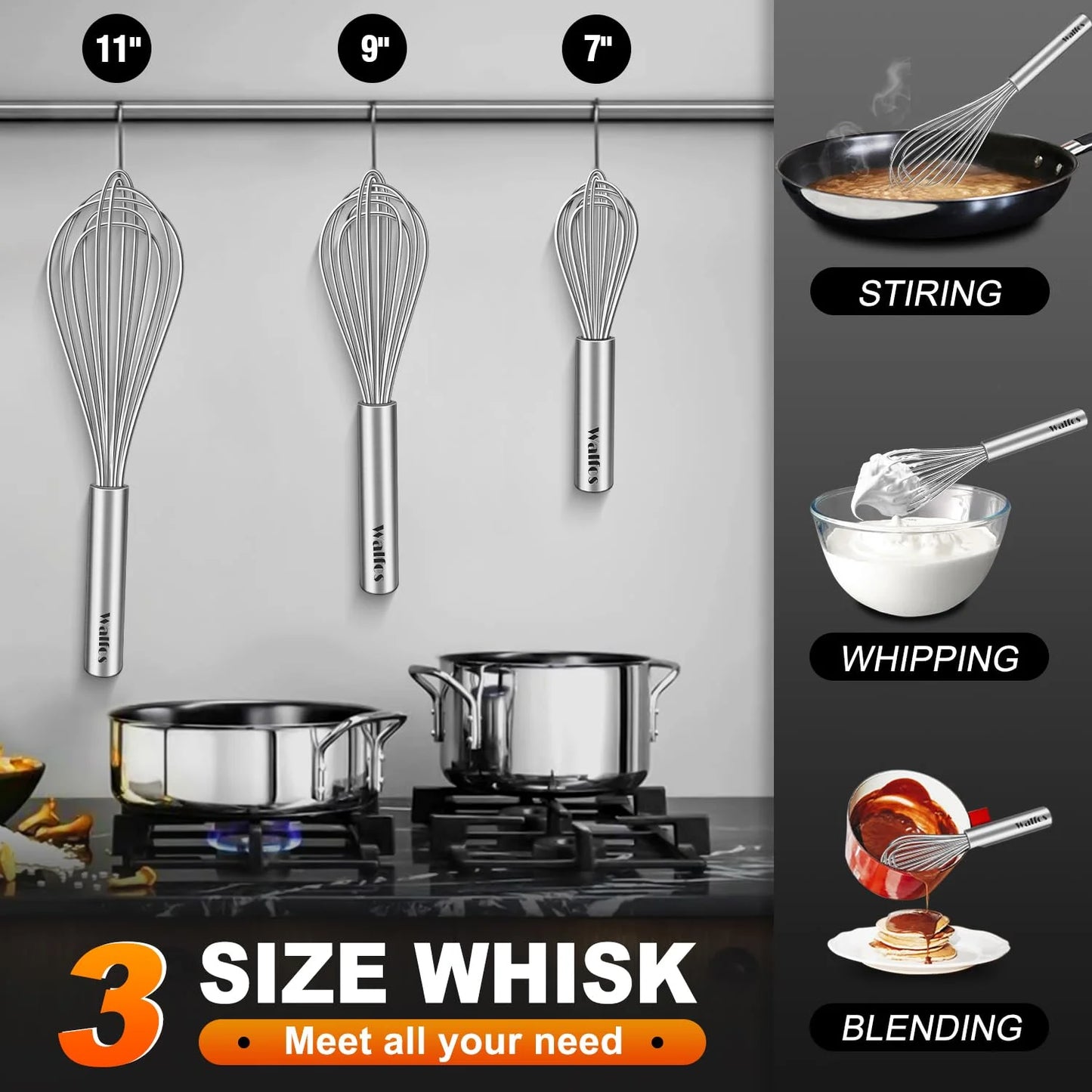 Whisk,304 Stainless Steel Whisk,No-Rust 7+9+11Inch Whisks for Cooking Nice for Blending,Whisking,Beating.Heat Resistant 600°F Dishwasher Safe. Heavy Duty Kitchen Whisk.17.7+22.8+27.9Cm -SILVER