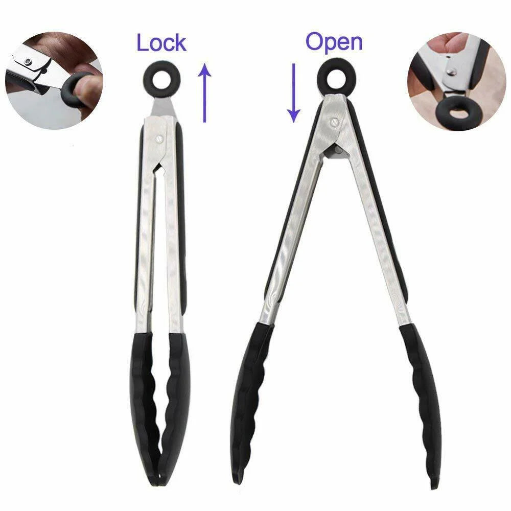 2 Pieces of Cooking Kitchen Tong with Silicone Tip Stainless Steel Locking Tong Built-In Stand Food Tongs