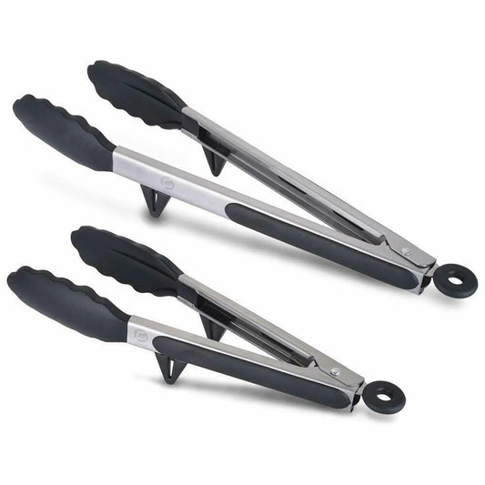 2 Pieces of Cooking Kitchen Tong with Silicone Tip Stainless Steel Locking Tong Built-In Stand Food Tongs