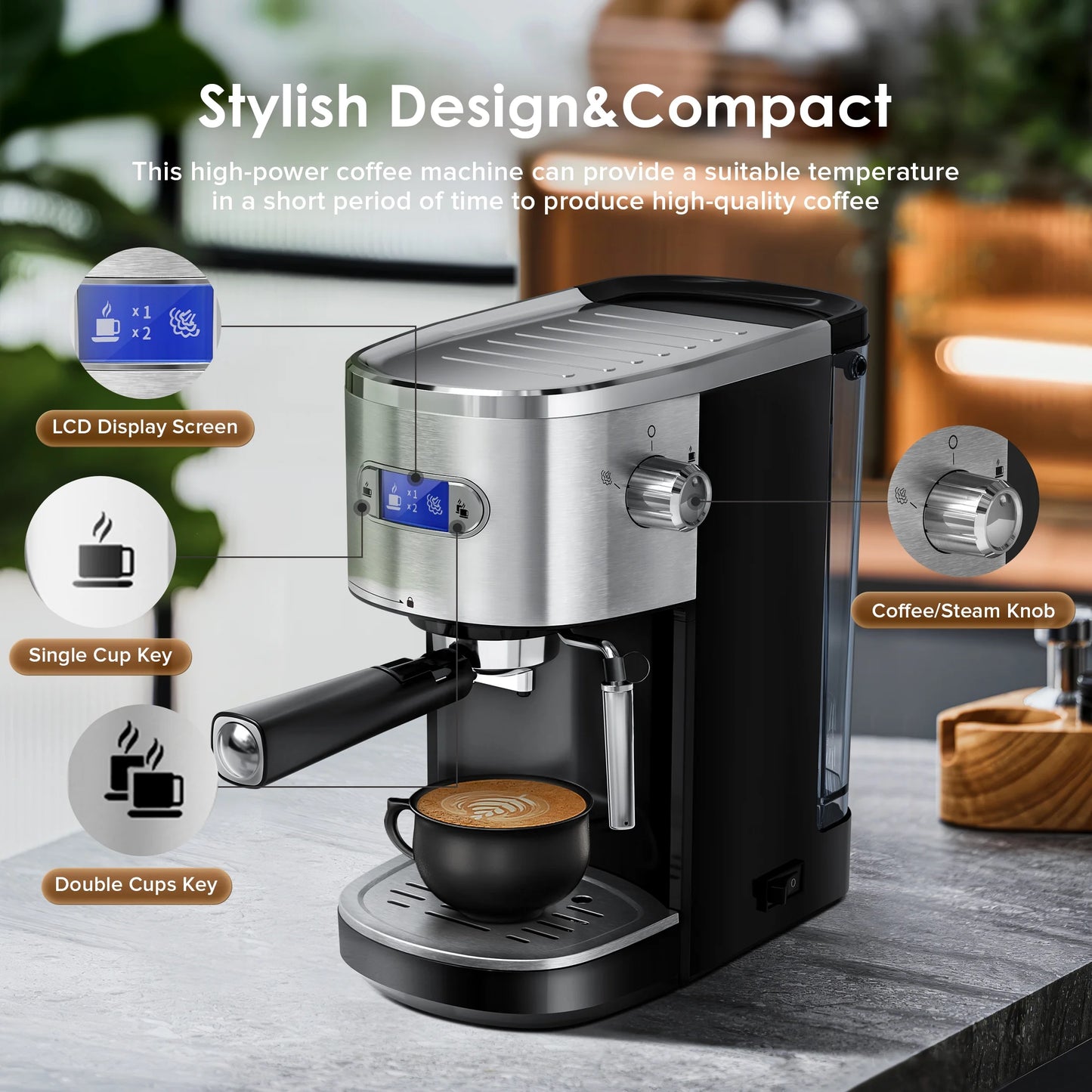 20 Bar Espresso Coffee Maker, Drip Coffee Machine with 1-2 Cup, Espresso Machine with Milk Frother Steam Wand, 45 OZ Removable Water Tank for Home/Office/Cafe, Black