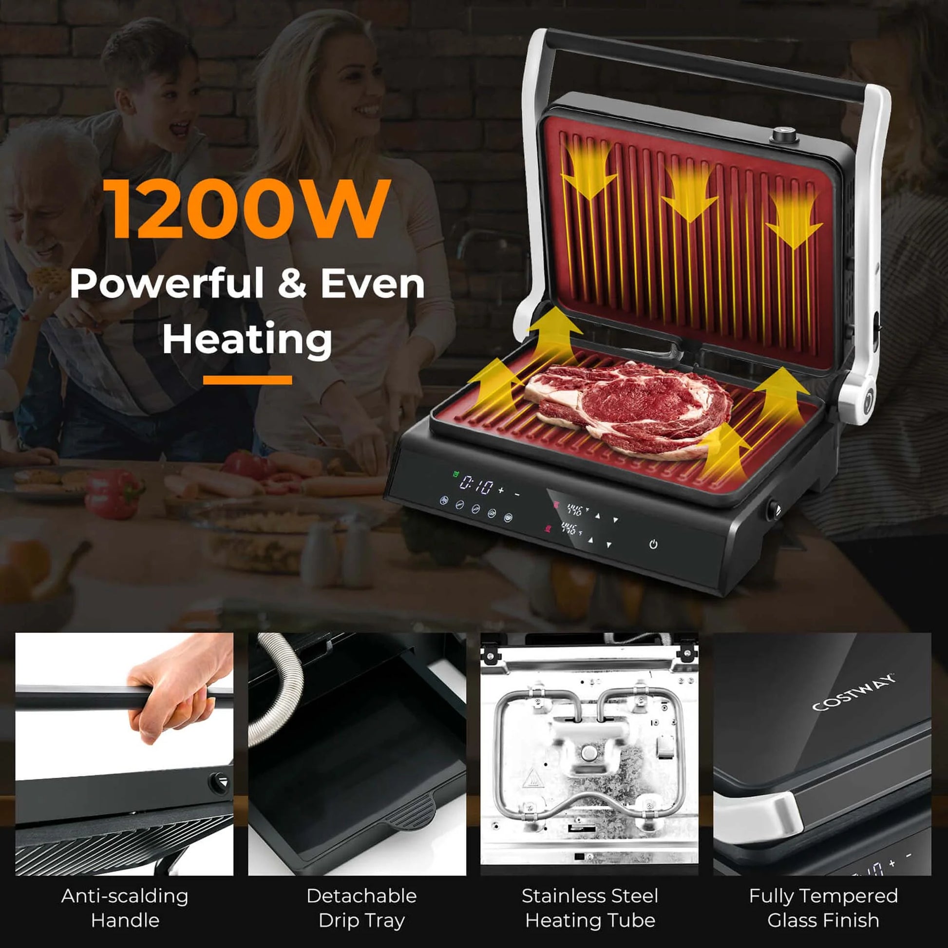 Electric Panini Press Grill Sandwich Maker with LED Display & Removable Drip Tray