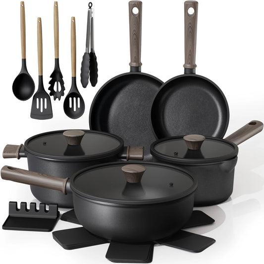 18-Piece Pots and Pans Set, Nonstick Cookware Set with Elegant Wooden Handle, Oven Safe to 480°F, Induction Compatible, Kitchen Cooking Set for RV Trips, Camping and Picnic, Black